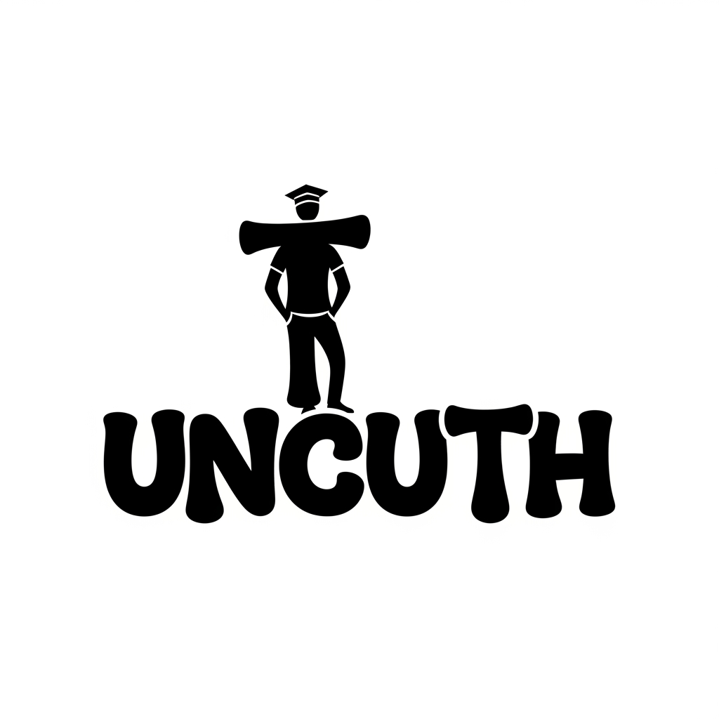 AI Design for Design a custom typographic logo for "UNCUTH". The logo should be typography-first with bold, chunky, experimental letterforms. Make the letter T the hero of the word by transforming it into a minimal cool college student—hands in pockets, casually leaning, relaxed posture—while still clearly reading as the letter T. The character should be integrated into the typography, not a separate illustration. The remaining letters should be custom, playful, organic, and contemporary like creative studio branding. Black vector style on a plain background.