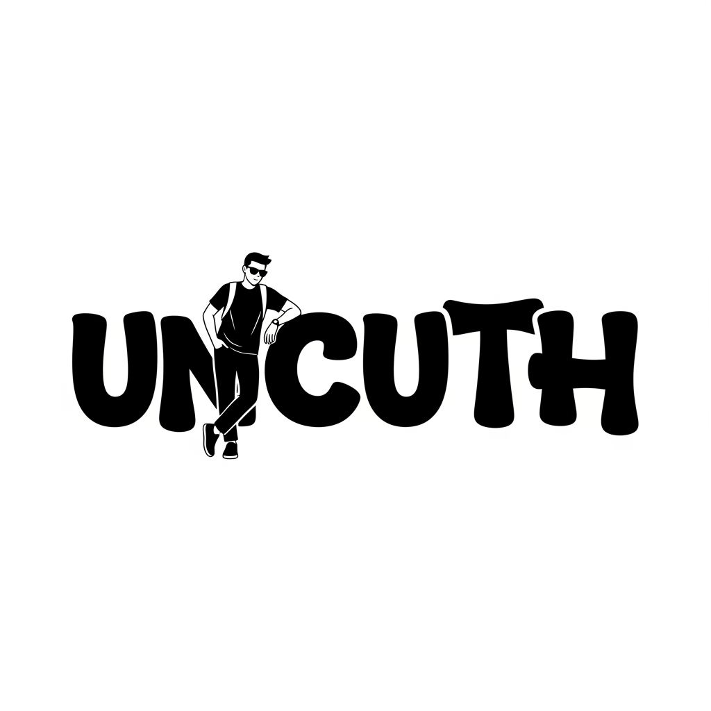 AI Design for Design a custom typographic logo for "UNCUTH". The logo should be typography-first with bold, chunky, experimental letterforms. Make the letter T the hero of the word by transforming it into a minimal cool college student—hands in pockets, casually leaning, relaxed posture—while still clearly reading as the letter T. The character should be integrated into the typography, not a separate illustration. The remaining letters should be custom, playful, organic, and contemporary like creative studio branding. Black vector style on a plain background.