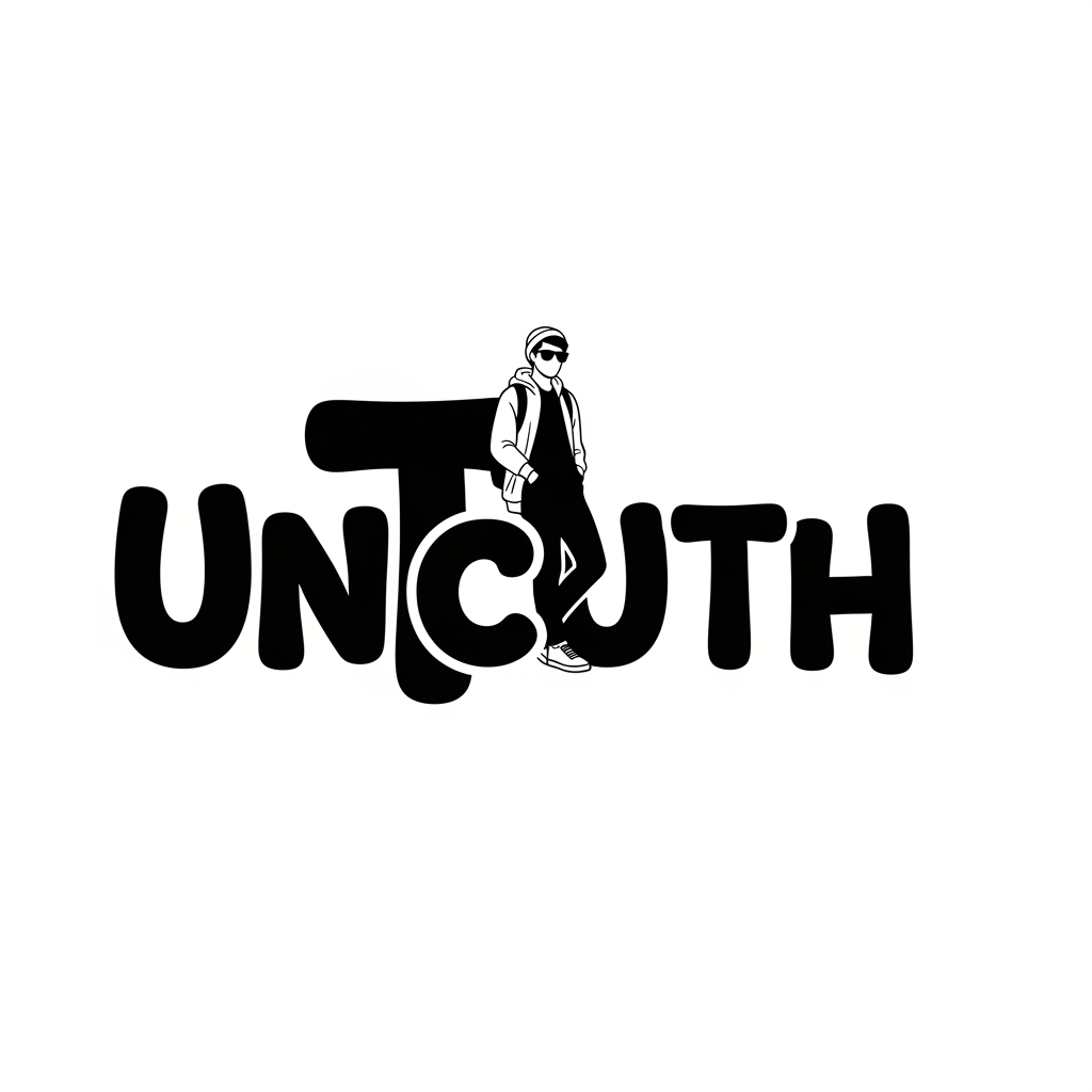 AI Design for Design a custom typographic logo for "UNCUTH". The logo should be typography-first with bold, chunky, experimental letterforms. Make the letter T the hero of the word by transforming it into a minimal cool college student—hands in pockets, casually leaning, relaxed posture—while still clearly reading as the letter T. The character should be integrated into the typography, not a separate illustration. The remaining letters should be custom, playful, organic, and contemporary like creative studio branding. Black vector style on a plain background.
