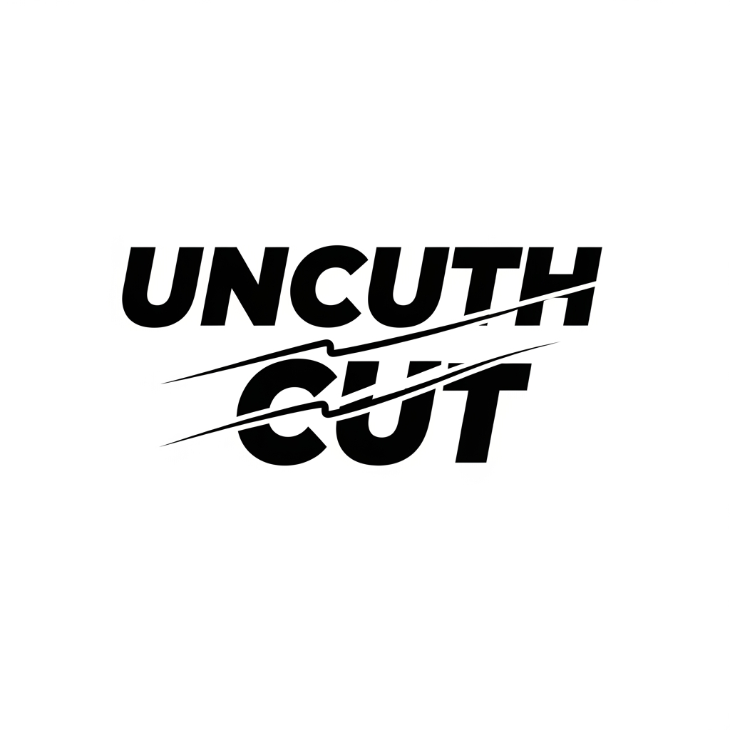 AI Design for Design a bold custom typographic logo for the streetwear brand "UNCUTH". The concept revolves around the hidden word "CUT" within the name. Create experimental typography where the word appears physically sliced or separated through "CUT". Use clean diagonal cuts, shifted letterforms, negative space, and broken alignment while keeping the word fully readable. Minimal black-and-white vector logo, contemporary streetwear branding, premium custom lettering, playful yet bold, typography-first, no icons or illustrations.