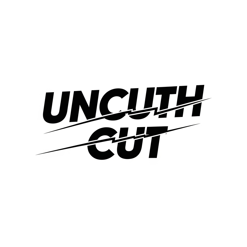 AI Design for Design a bold custom typographic logo for the streetwear brand "UNCUTH". The concept revolves around the hidden word "CUT" within the name. Create experimental typography where the word appears physically sliced or separated through "CUT". Use clean diagonal cuts, shifted letterforms, negative space, and broken alignment while keeping the word fully readable. Minimal black-and-white vector logo, contemporary streetwear branding, premium custom lettering, playful yet bold, typography-first, no icons or illustrations.