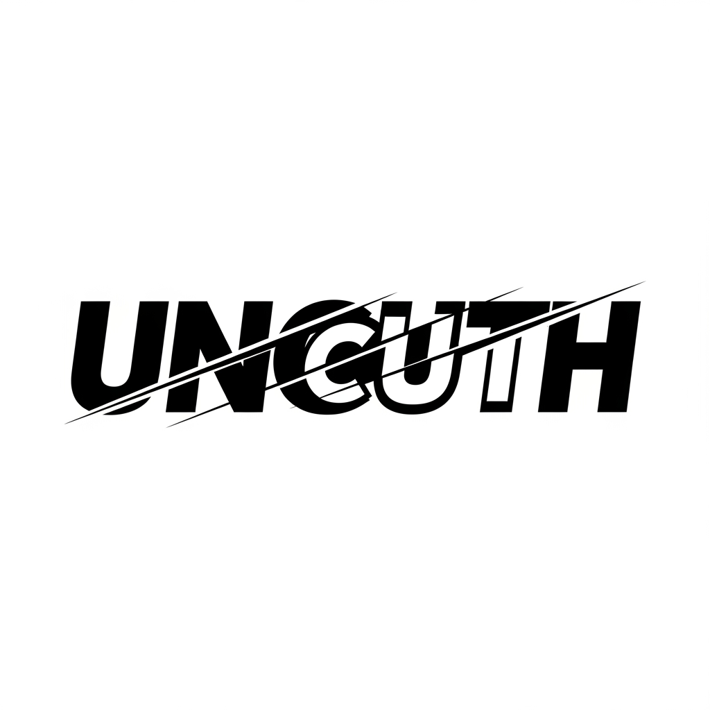 AI Design for Design a bold custom typographic logo for the streetwear brand "UNCUTH". The concept revolves around the hidden word "CUT" within the name. Create experimental typography where the word appears physically sliced or separated through "CUT". Use clean diagonal cuts, shifted letterforms, negative space, and broken alignment while keeping the word fully readable. Minimal black-and-white vector logo, contemporary streetwear branding, premium custom lettering, playful yet bold, typography-first, no icons or illustrations.