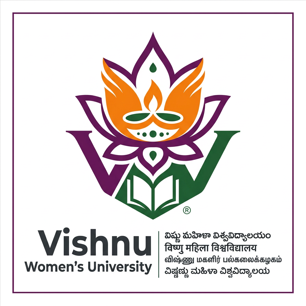 AI Design for Create image A professional, minimalist, and modern university logo design for 'Vishnu Women’s University' inside a perfect square. The design symbolizes women's empowerment and academic growth using a sophisticated, clean geometric icon that echoes a traditional Vishnu heritage motif. The color palette must strictly be deep purple, vibrant orange, and deep forest green, arranged in a balanced and elegant composition. Use the deep purple for structural elements, the orange for highlights representing energy and empowerment, and the green for accents representing growth. High-end, premium, institutional, flat vector style, white background, high contrast, symmetrical, plenty of negative space for text. Name: Vishnu Women's University  Shape: Square  Visual Elements:  Blooming lotus integrated into the  Central lamp (knowledge) Open book at the base Subtle upward silhouette symbolizing women's empowerment Orange, Purple, Green, and White color palette Multilingual wordmark versions (English, Telugu, Hindi, Tamil, Kannada) it must us ethe vishnu logo as it is the 3vs and the inspiration shoul be from sricity logo