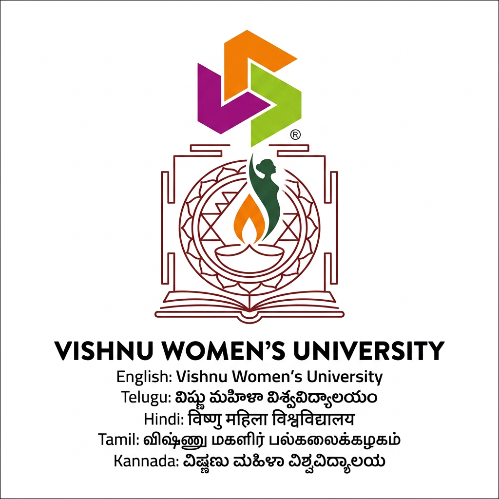 AI Design for Create image A professional, minimalist, and modern university logo design for 'Vishnu Women’s University' inside a perfect square. The design symbolizes women's empowerment and academic growth using a sophisticated, clean geometric icon that echoes a traditional Vishnu heritage motif. The color palette must strictly be deep purple, vibrant orange, and deep forest green, arranged in a balanced and elegant composition. Use the deep purple for structural elements, the orange for highlights representing energy and empowerment, and the green for accents representing growth. High-end, premium, institutional, flat vector style, white background, high contrast, symmetrical, plenty of negative space for text. Name: Vishnu Women's University  Shape: Square  Visual Elements:  Blooming lotus integrated into the  Central lamp (knowledge) Open book at the base Subtle upward silhouette symbolizing women's empowerment Orange, Purple, Green, and White color palette Multilingual wordmark versions (English, Telugu, Hindi, Tamil, Kannada) it must us ethe vishnu logo as it is the 3vs and the inspiration shoul be from sricity logo our vishnu logo should be as it is same it should not change