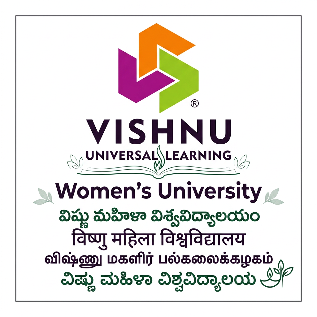 AI Design for Create image A professional, minimalist, and modern university logo design for 'Vishnu Women’s University' inside a perfect square. The design symbolizes women's empowerment and academic growth using a sophisticated, clean geometric icon that echoes a traditional Vishnu heritage motif. The color palette must strictly be deep purple, vibrant orange, and deep forest green, arranged in a balanced and elegant composition. Use the deep purple for structural elements, the orange for highlights representing energy and empowerment, and the green for accents representing growth. High-end, premium, institutional, flat vector style, white background, high contrast, symmetrical, plenty of negative space for text. Name: Vishnu Women's University  Shape: Square  Visual Elements:  Blooming lotus integrated into the  Central lamp (knowledge) Open book at the base Subtle upward silhouette symbolizing women's empowerment Orange, Purple, Green, and White color palette Multilingual wordmark versions (English, Telugu, Hindi, Tamil, Kannada) it must us ethe vishnu logo as it is the 3vs and the inspiration shoul be from sricity logo our vishnu logo should be as it is same it should not change