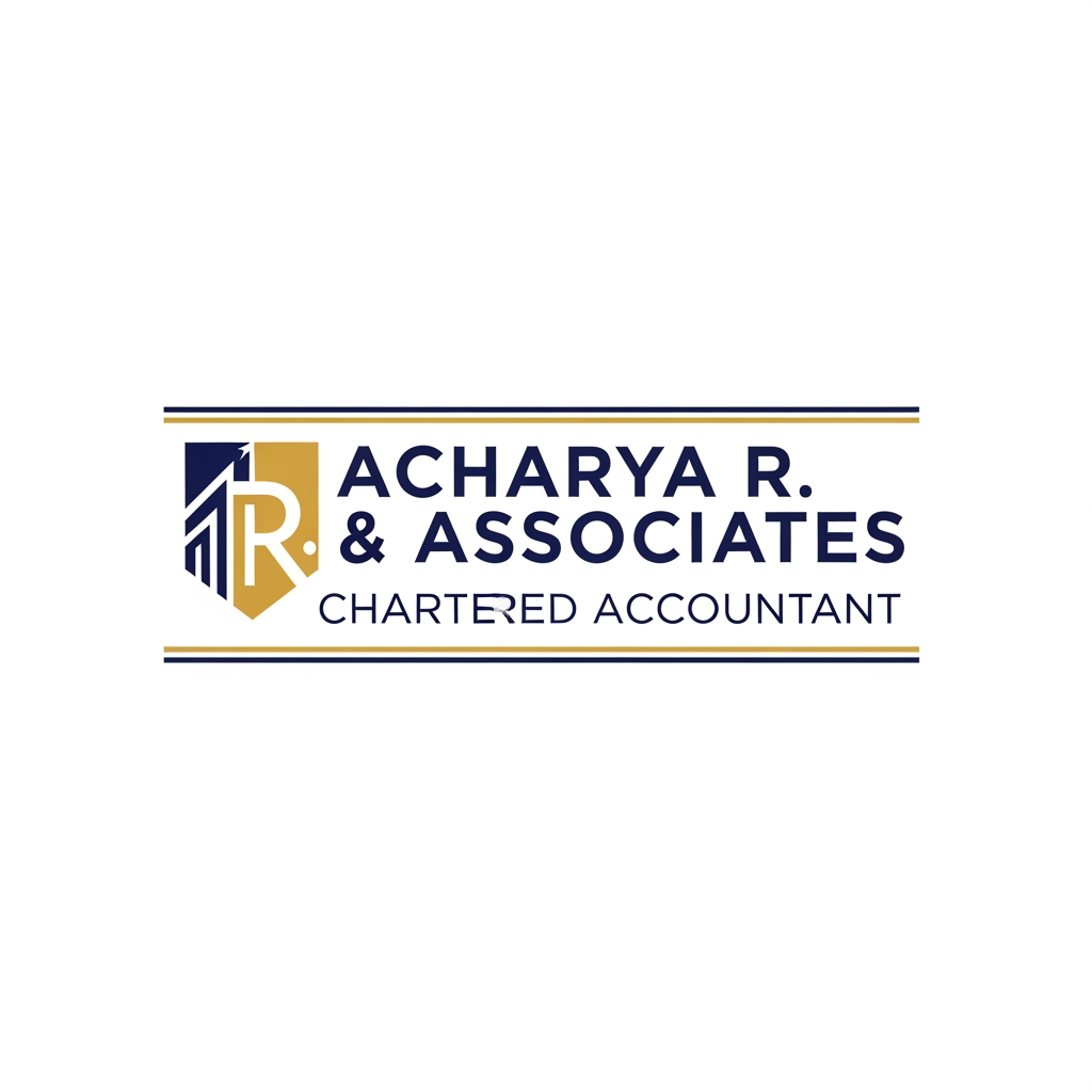 AI Design for A audit firm with name Acharya R. & Associates with color combination of nevy blue and gold. in place of audit and assurance mention Chartered Accountant