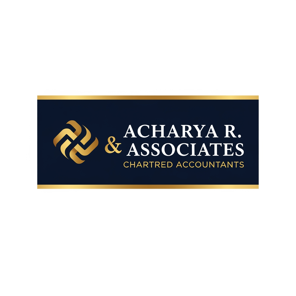 AI Design for A audit firm with name Acharya R. & Associates with color combination of nevy blue and gold. in place of audit and assurance mention Chartered Accountant