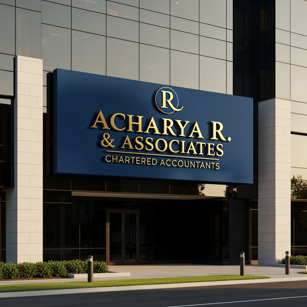 AI Design for A audit firm with name Acharya R. & Associates with color combination of nevy blue and gold. in place of audit and assurance mention Chartered Accountant