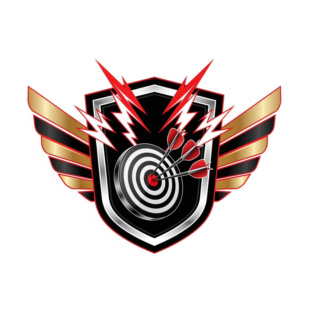 AI Design for Create a premium modern esports-style dart team logo in vector format. A bold shield emblem with a realistic dartboard in the center and three darts hitting the bullseye. Add dynamic lightning streaks and wing-inspired shapes behind the shield for speed and power. Use a professional color palette of black, red, white, and metallic gold. Clean geometric lines, thick outline, symmetrical composition, no background, no text, no watermark, Adobe Illustrator vector style, sublimation jersey ready, premium sports branding, ultra sharp, flat vector design.