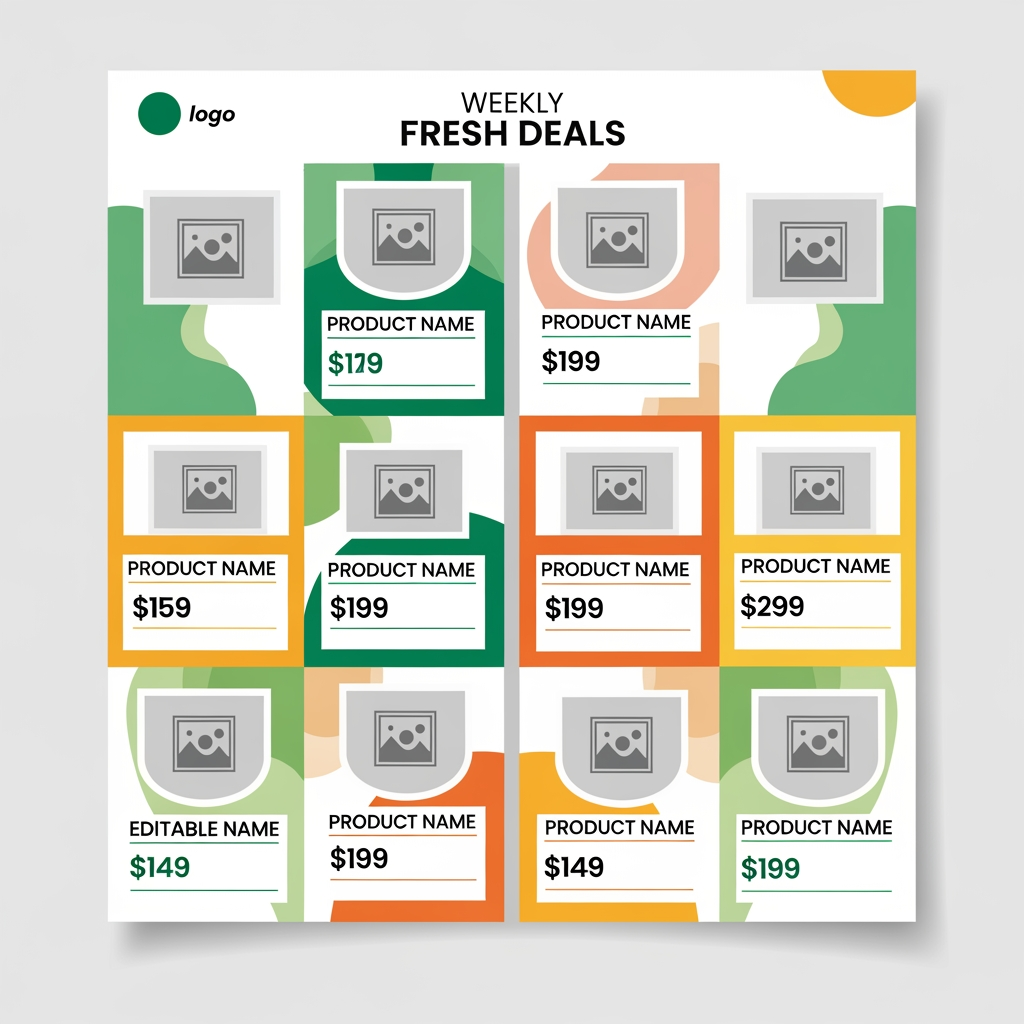 AI Design for Design a clean, modern, colorful grocery store weekly flyer template for Canva. Create a one-page A4 layout with 8 equal product cards arranged in a balanced 2x4 grid. Each card includes a large editable photo placeholder, a bold editable product name text area below it, and a large editable price field underneath. Use a white background with fresh green, orange, and yellow accents, rounded corners, thin dividers, soft geometric background shapes, and plenty of white space. Add a simple top header reading "Weekly Fresh Deals" with space for a store logo. Make the entire layout fully editable in Canva with consistent typography, reusable color palette, and print-ready design. Professional supermarket promotion style, clean, premium, modern, minimal, high-end Canva template.