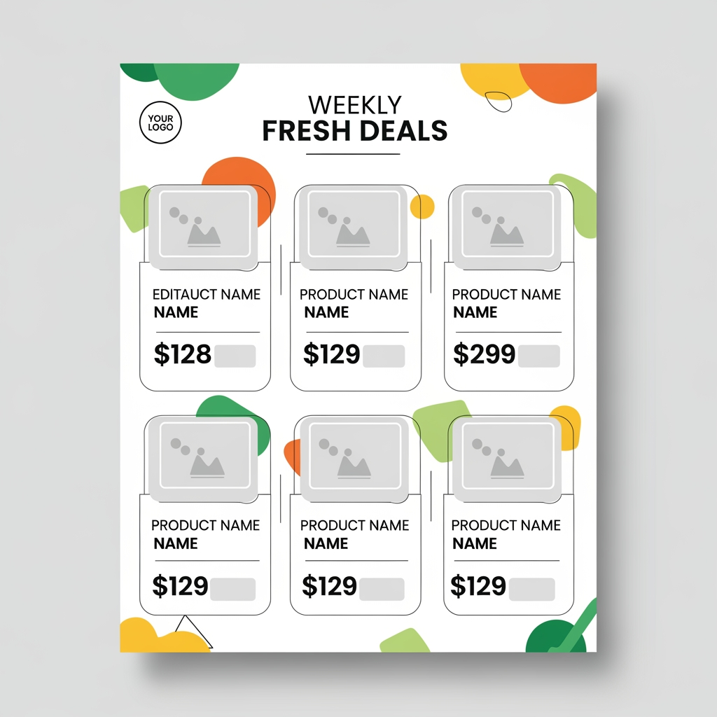 AI Design for Design a clean, modern, colorful grocery store weekly flyer template for Canva. Create a one-page A4 layout with 8 equal product cards arranged in a balanced 2x4 grid. Each card includes a large editable photo placeholder, a bold editable product name text area below it, and a large editable price field underneath. Use a white background with fresh green, orange, and yellow accents, rounded corners, thin dividers, soft geometric background shapes, and plenty of white space. Add a simple top header reading "Weekly Fresh Deals" with space for a store logo. Make the entire layout fully editable in Canva with consistent typography, reusable color palette, and print-ready design. Professional supermarket promotion style, clean, premium, modern, minimal, high-end Canva template.