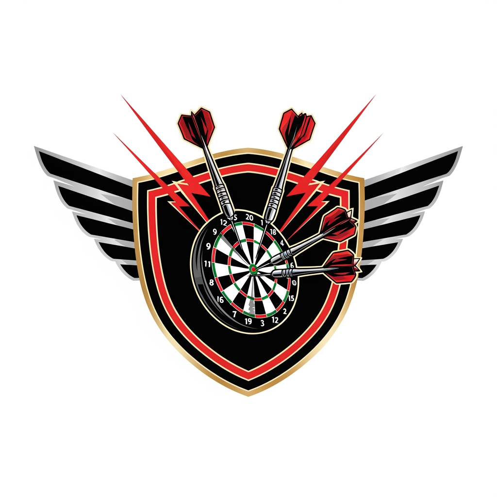 AI Design for Create a premium modern esports-style dart team logo in vector format. A bold shield emblem with a realistic dartboard in the center and three darts hitting the bullseye. Add dynamic lightning streaks and wing-inspired shapes behind the shield for speed and power. Use a professional color palette of black, red, white, and metallic gold. Clean geometric lines, thick outline, symmetrical composition, no background, no text, no watermark, Adobe Illustrator vector style, sublimation jersey ready, premium sports branding, ultra sharp, flat vector design.