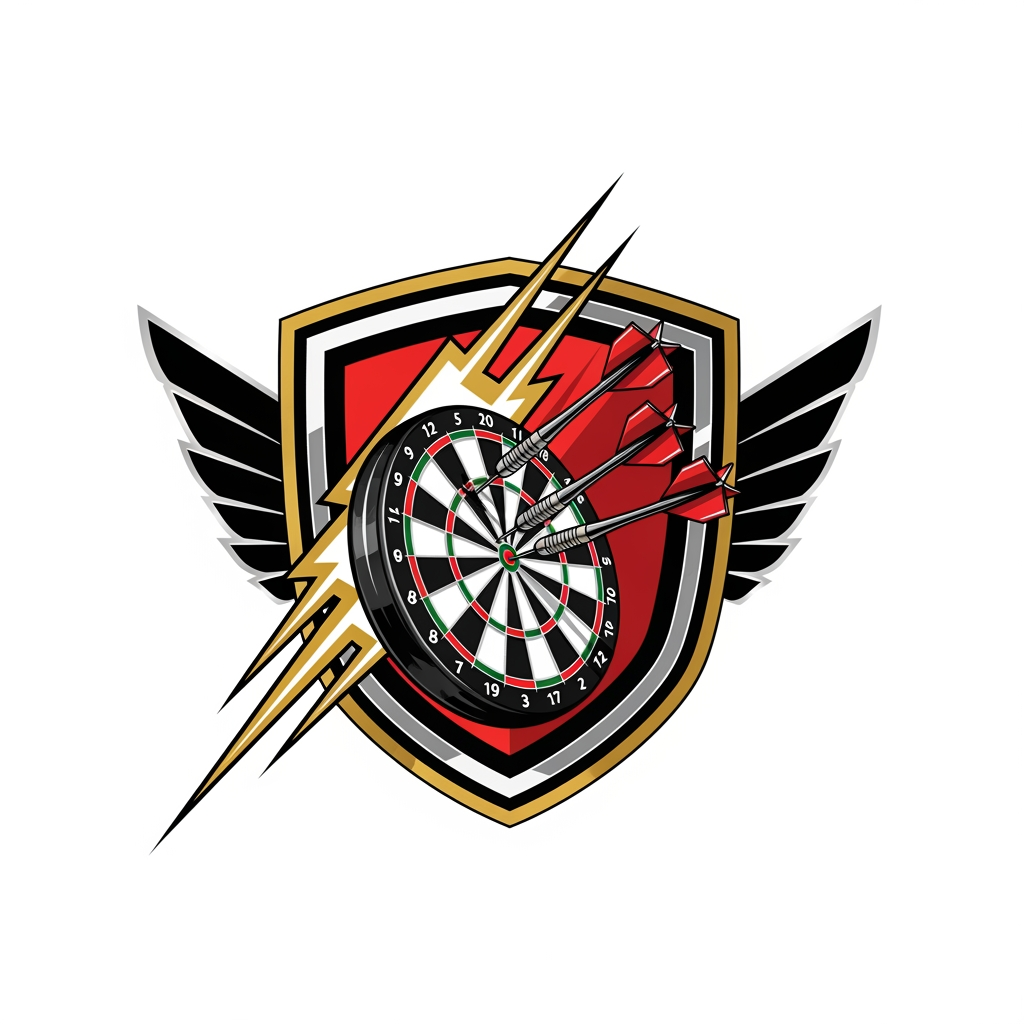 AI Design for Create a premium modern esports-style dart team logo in vector format. A bold shield emblem with a realistic dartboard in the center and three darts hitting the bullseye. Add dynamic lightning streaks and wing-inspired shapes behind the shield for speed and power. Use a professional color palette of black, red, white, and metallic gold. Clean geometric lines, thick outline, symmetrical composition, no background, no text, no watermark, Adobe Illustrator vector style, sublimation jersey ready, premium sports branding, ultra sharp, flat vector design.