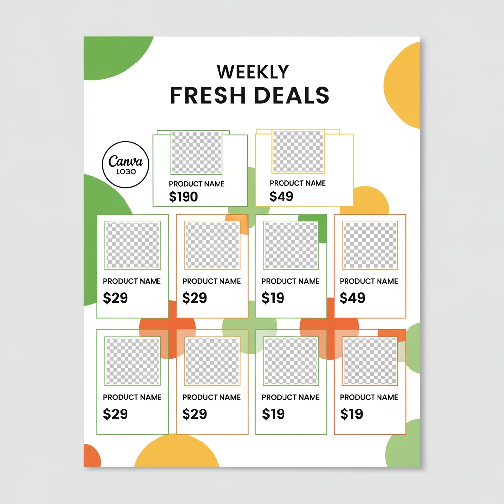 AI Design for Design a clean, modern, colorful grocery store weekly flyer template for Canva. Create a one-page A4 layout with 8 equal product cards arranged in a balanced 2x4 grid. Each card includes a large editable photo placeholder, a bold editable product name text area below it, and a large editable price field underneath. Use a white background with fresh green, orange, and yellow accents, rounded corners, thin dividers, soft geometric background shapes, and plenty of white space. Add a simple top header reading "Weekly Fresh Deals" with space for a store logo. Make the entire layout fully editable in Canva with consistent typography, reusable color palette, and print-ready design. Professional supermarket promotion style, clean, premium, modern, minimal, high-end Canva template.
