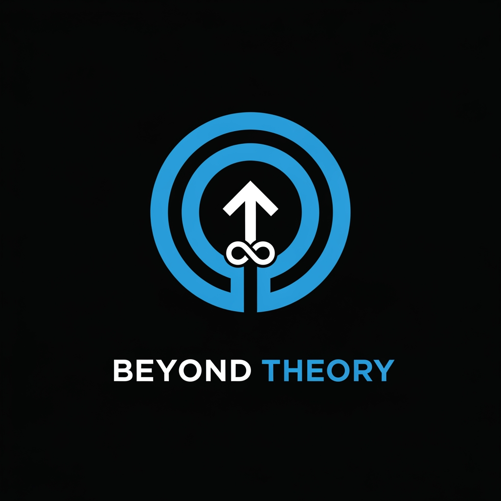 AI Design for Design a luxury minimalist logo for the documentary brand "Beyond Theory". Create an abstract portal made from two concentric circles with a hidden upward arrow and subtle infinity symbolism using negative space. The logo should communicate mystery, exploration, hidden truth, and limitless thinking. Use only white and electric blue on a matte black background. Flat vector style, perfect geometry, no gradients, no shadows, no textures. Add the text "BEYOND THEORY" in bold uppercase modern sans-serif typography below the icon with wide letter spacing. The result should feel like the logo of a billion-dollar technology company or premium documentary studio. SVG-ready, clean, timeless, iconic, 1:1 aspect ratio.