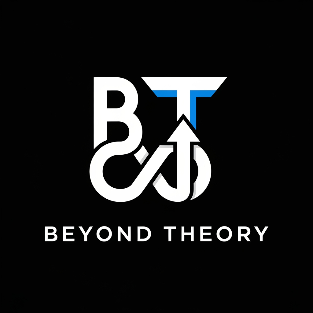 AI Design for Design an ultra-premium, minimalist logo for a documentary and educational YouTube brand named "Beyond Theory". The logo should represent curiosity, intelligence, discovery, hidden knowledge, science, and exploration. Create a geometric monogram by combining the letters "B" and "T" into a single clean symbol that subtly forms an infinity loop and an upward arrow, symbolizing limitless knowledge and thinking beyond conventional ideas. The design should be flat, modern, symmetrical, and instantly recognizable even at very small sizes. Use a black background with a white logo and a subtle electric-blue accent (#3B82F6). Avoid gradients, 3D effects, shadows, glow, or unnecessary details. Use clean negative space and perfect proportions. Place the text "Beyond Theory" below the symbol in bold uppercase geometric sans-serif typography similar to Space Grotesk, Satoshi, or Montserrat. The overall appearance should feel like a premium media company, technology brand, and educational documentary channel. Vector logo, SVG style, flat design, luxury branding, timeless identity, award-winning logo design, Behance quality, Dribbble quality, perfect alignment, professional brand identity, 1:1 aspect ratio.