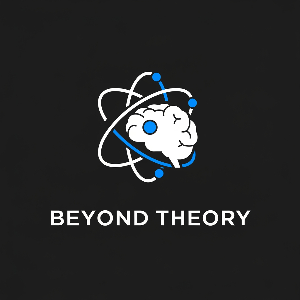 AI Design for Create a modern minimalist logo for "Beyond Theory" featuring a stylized atom orbit seamlessly transforming into a human brain silhouette. The atom should symbolize science while the brain represents curiosity and intelligence. Use clean geometric line art with perfect symmetry. White logo on matte black background with a single electric-blue accent. No gradients, no glow, no shadows, no realistic effects. Premium documentary brand aesthetic inspired by leading educational media companies. Bold uppercase "BEYOND THEORY" beneath the icon using a geometric sans-serif font. Flat vector logo, highly memorable, scalable, SVG quality, 1:1 aspect ratio.