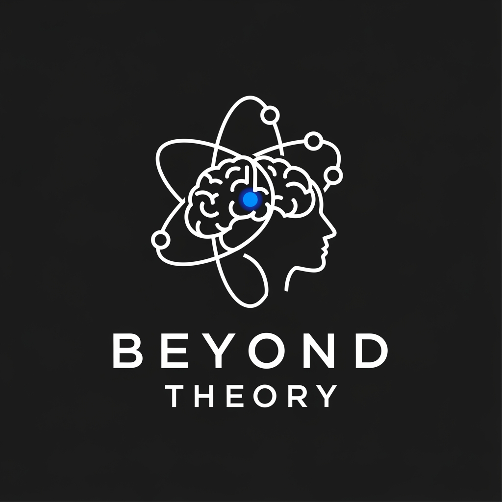 AI Design for Create a modern minimalist logo for "Beyond Theory" featuring a stylized atom orbit seamlessly transforming into a human brain silhouette. The atom should symbolize science while the brain represents curiosity and intelligence. Use clean geometric line art with perfect symmetry. White logo on matte black background with a single electric-blue accent. No gradients, no glow, no shadows, no realistic effects. Premium documentary brand aesthetic inspired by leading educational media companies. Bold uppercase "BEYOND THEORY" beneath the icon using a geometric sans-serif font. Flat vector logo, highly memorable, scalable, SVG quality, 1:1 aspect ratio.
