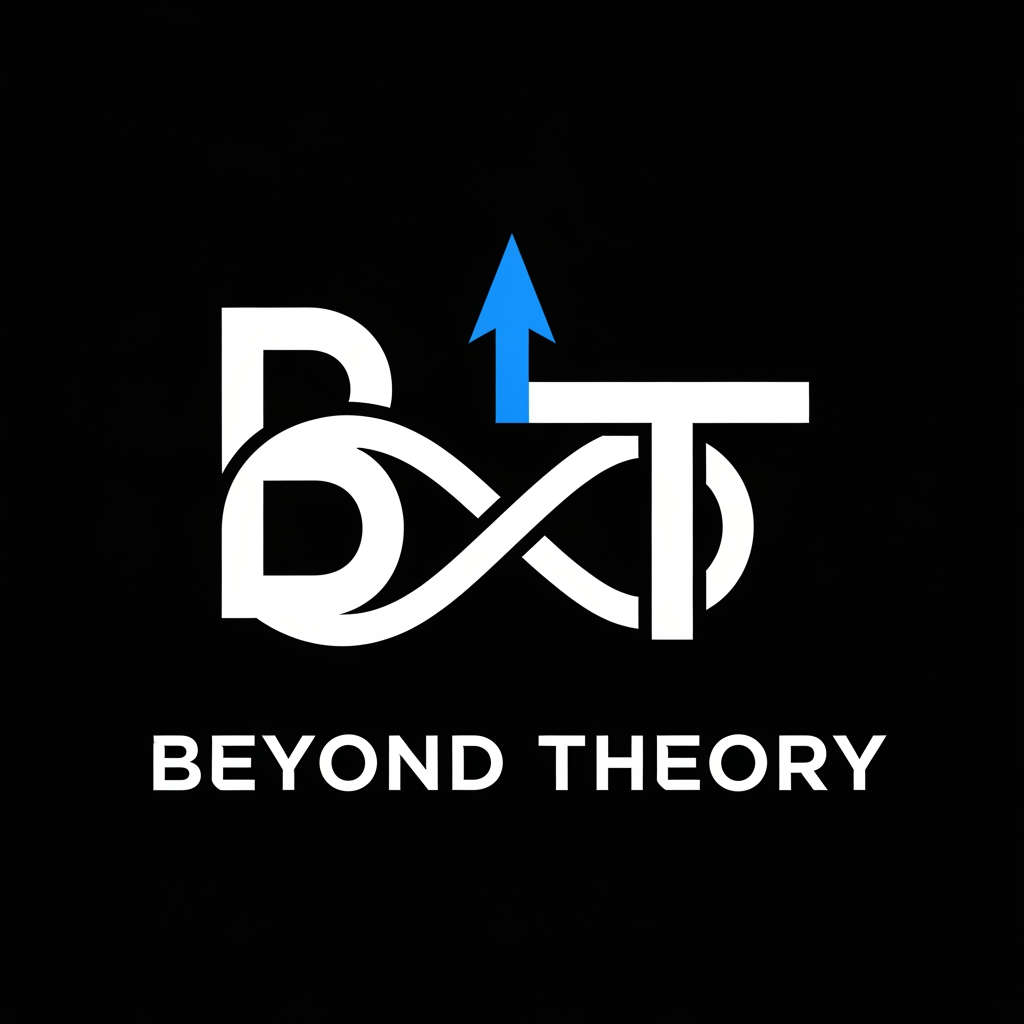 AI Design for Design an ultra-premium, minimalist logo for a documentary and educational YouTube brand named "Beyond Theory". The logo should represent curiosity, intelligence, discovery, hidden knowledge, science, and exploration. Create a geometric monogram by combining the letters "B" and "T" into a single clean symbol that subtly forms an infinity loop and an upward arrow, symbolizing limitless knowledge and thinking beyond conventional ideas. The design should be flat, modern, symmetrical, and instantly recognizable even at very small sizes. Use a black background with a white logo and a subtle electric-blue accent (#3B82F6). Avoid gradients, 3D effects, shadows, glow, or unnecessary details. Use clean negative space and perfect proportions. Place the text "Beyond Theory" below the symbol in bold uppercase geometric sans-serif typography similar to Space Grotesk, Satoshi, or Montserrat. The overall appearance should feel like a premium media company, technology brand, and educational documentary channel. Vector logo, SVG style, flat design, luxury branding, timeless identity, award-winning logo design, Behance quality, Dribbble quality, perfect alignment, professional brand identity, 1:1 aspect ratio.