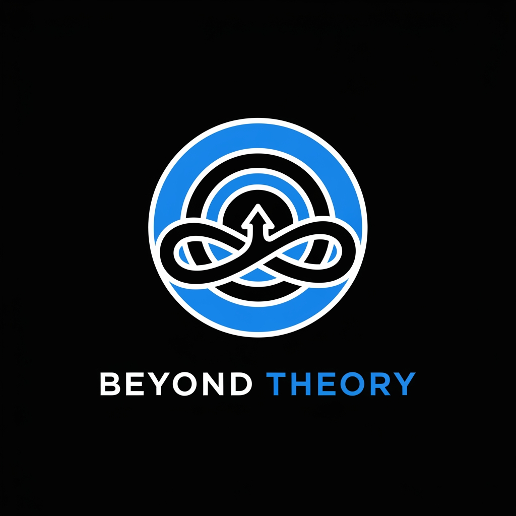 AI Design for Design a luxury minimalist logo for the documentary brand "Beyond Theory". Create an abstract portal made from two concentric circles with a hidden upward arrow and subtle infinity symbolism using negative space. The logo should communicate mystery, exploration, hidden truth, and limitless thinking. Use only white and electric blue on a matte black background. Flat vector style, perfect geometry, no gradients, no shadows, no textures. Add the text "BEYOND THEORY" in bold uppercase modern sans-serif typography below the icon with wide letter spacing. The result should feel like the logo of a billion-dollar technology company or premium documentary studio. SVG-ready, clean, timeless, iconic, 1:1 aspect ratio.