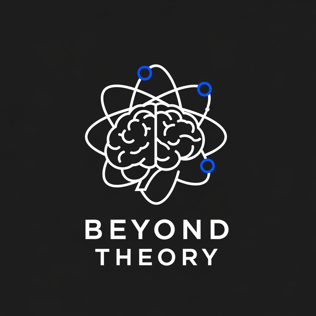 AI Design for Create a modern minimalist logo for "Beyond Theory" featuring a stylized atom orbit seamlessly transforming into a human brain silhouette. The atom should symbolize science while the brain represents curiosity and intelligence. Use clean geometric line art with perfect symmetry. White logo on matte black background with a single electric-blue accent. No gradients, no glow, no shadows, no realistic effects. Premium documentary brand aesthetic inspired by leading educational media companies. Bold uppercase "BEYOND THEORY" beneath the icon using a geometric sans-serif font. Flat vector logo, highly memorable, scalable, SVG quality, 1:1 aspect ratio.
