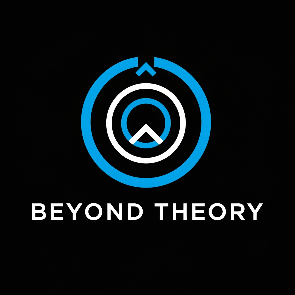 AI Design for Design a luxury minimalist logo for the documentary brand "Beyond Theory". Create an abstract portal made from two concentric circles with a hidden upward arrow and subtle infinity symbolism using negative space. The logo should communicate mystery, exploration, hidden truth, and limitless thinking. Use only white and electric blue on a matte black background. Flat vector style, perfect geometry, no gradients, no shadows, no textures. Add the text "BEYOND THEORY" in bold uppercase modern sans-serif typography below the icon with wide letter spacing. The result should feel like the logo of a billion-dollar technology company or premium documentary studio. SVG-ready, clean, timeless, iconic, 1:1 aspect ratio.