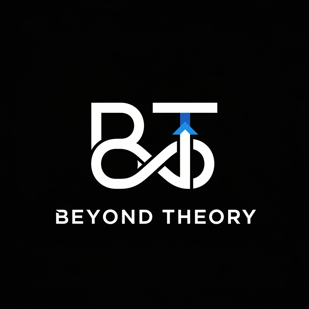 AI Design for Design an ultra-premium, minimalist logo for a documentary and educational YouTube brand named "Beyond Theory". The logo should represent curiosity, intelligence, discovery, hidden knowledge, science, and exploration. Create a geometric monogram by combining the letters "B" and "T" into a single clean symbol that subtly forms an infinity loop and an upward arrow, symbolizing limitless knowledge and thinking beyond conventional ideas. The design should be flat, modern, symmetrical, and instantly recognizable even at very small sizes. Use a black background with a white logo and a subtle electric-blue accent (#3B82F6). Avoid gradients, 3D effects, shadows, glow, or unnecessary details. Use clean negative space and perfect proportions. Place the text "Beyond Theory" below the symbol in bold uppercase geometric sans-serif typography similar to Space Grotesk, Satoshi, or Montserrat. The overall appearance should feel like a premium media company, technology brand, and educational documentary channel. Vector logo, SVG style, flat design, luxury branding, timeless identity, award-winning logo design, Behance quality, Dribbble quality, perfect alignment, professional brand identity, 1:1 aspect ratio.