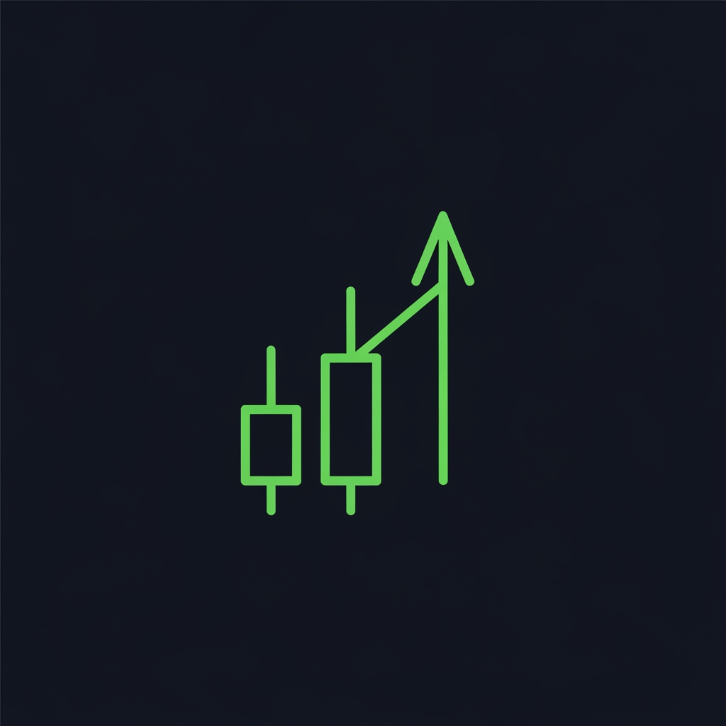 AI Design for minimal fintech logo mark, two thin candlestick bars stepping up into a single clean breakout arrow, neon green on near-black navy background, negative space, flat vector, geometric precision, premium research brand, no text, centered, --v 6 --style raw --no gradient shadow 3d