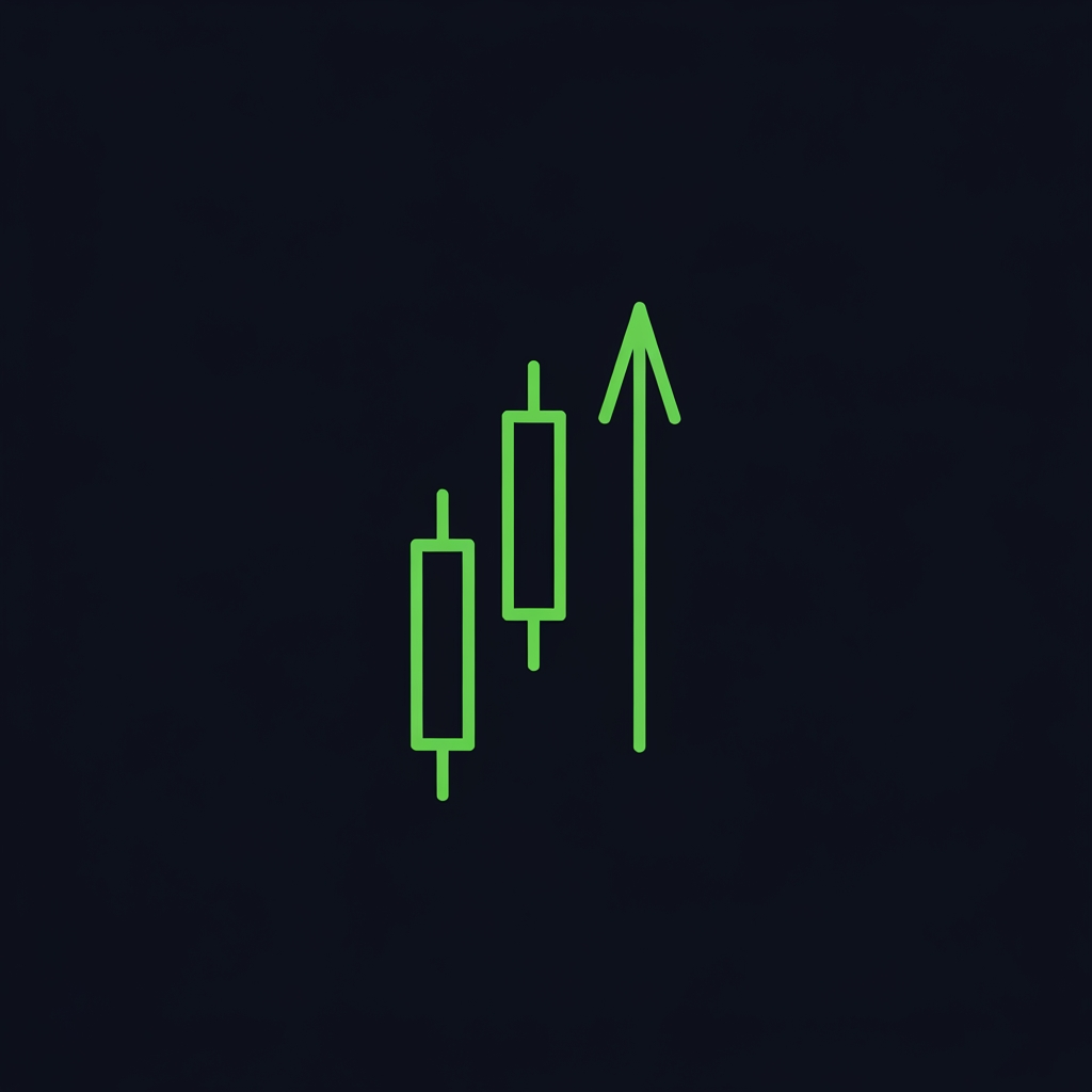 AI Design for minimal fintech logo mark, two thin candlestick bars stepping up into a single clean breakout arrow, neon green on near-black navy background, negative space, flat vector, geometric precision, premium research brand, no text, centered, --v 6 --style raw --no gradient shadow 3d