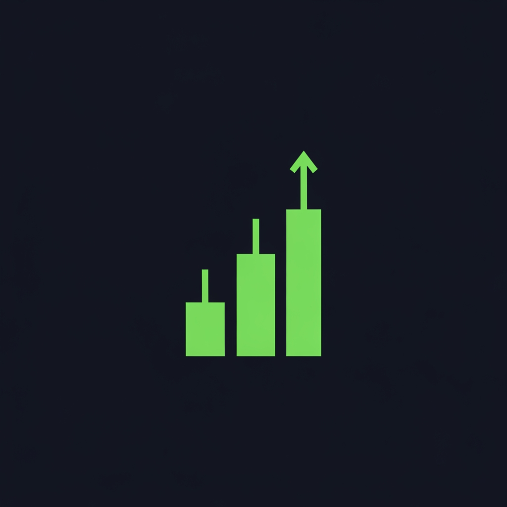 AI Design for minimal fintech logo mark, two thin candlestick bars stepping up into a single clean breakout arrow, neon green on near-black navy background, negative space, flat vector, geometric precision, premium research brand, no text, centered, --v 6 --style raw --no gradient shadow 3d