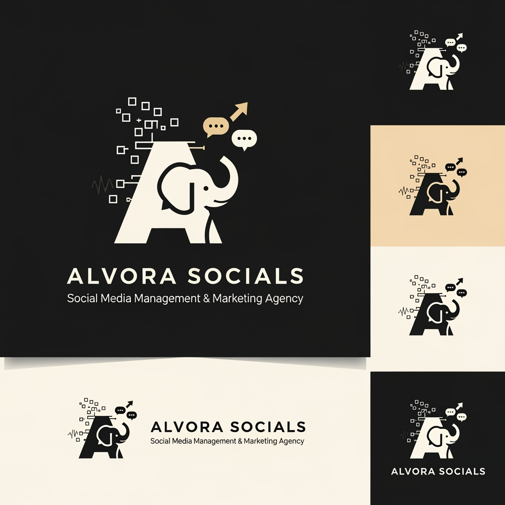 AI Design for Prompt:
Design a premium, minimalist, and highly memorable logo for a modern social media management and digital marketing agency named "Alvora Socials". The logo should feature a cleverly hidden elephant integrated into the design using negative space or geometric abstraction rather than a literal elephant illustration. The hidden elephant should symbolize intelligence, strength, memory, trust, strategy, long-term growth, leadership, and powerful brand presence.
The logo should creatively represent the agency's services, including:
Social Media Management
Digital Marketing
Content Creation
Branding
Creative Strategy
Performance Marketing
Growth & Analytics
Incorporate subtle visual elements that blend naturally with the hidden elephant, such as:
Chat/message bubble
Upward growth arrow
Digital pixels
Play button
Connection nodes
Hashtag
Abstract "A" for Alvora
Circular brand ecosystem
Signal waves
Typography:
Agency Name: ALVORA SOCIALS
Tagline: Social Media Management & Marketing Agency
Use a custom modern sans-serif font.
Elegant spacing with premium typography.
Strong yet approachable branding.
Style:
Minimal
Flat vector
Scandinavian-inspired simplicity
Geometric precision
Luxury startup branding
Clever negative space
Timeless identity
No gradients
No clipart
No mascot style
Clean monoline or bold geometric construction
Color Palette:
Matte Black (#111111)
Off White (#F8F8F6)
Warm Ivory (#F5F3EF)
Soft Charcoal (#333333)
Optional accent: Muted Gold (#C7A86B) or Sage Green (#6F8A73)
Minimal colors only (2–3 colors maximum)
Logo Requirements:
Instantly recognizable
Works in monochrome
Scalable from favicon to billboard
Suitable for Instagram profile picture, website, business cards, merchandise, and app icon
Strong visual balance and perfect symmetry
Premium startup aesthetic
High-end branding similar to global creative agencies
Hidden elephant should be discovered after a second look, creating a memorable "aha" moment
Deliverables:
Primary logo
Icon-only version
Horizontal logo
Vertical logo
Black version
White version
Transparent background
SVG-style vector appearance
Brand presentation mockup on dark and light backgrounds
Overall feeling: sophisticated, intelligent, innovative, creative, trustworthy, modern, strategic, premium, and globally recognizable.
Creative Concept
A strong concept would be to make the letter "A" in Alvora the primary logo mark, with the negative space subtly forming an elephant's head and trunk. The trunk can curve into a growth arrow or chat bubble, symbolizing marketing growth and social communication. This creates a distinctive identity that's minimal, meaningful, and memorable without relying on an obvious animal illustration.