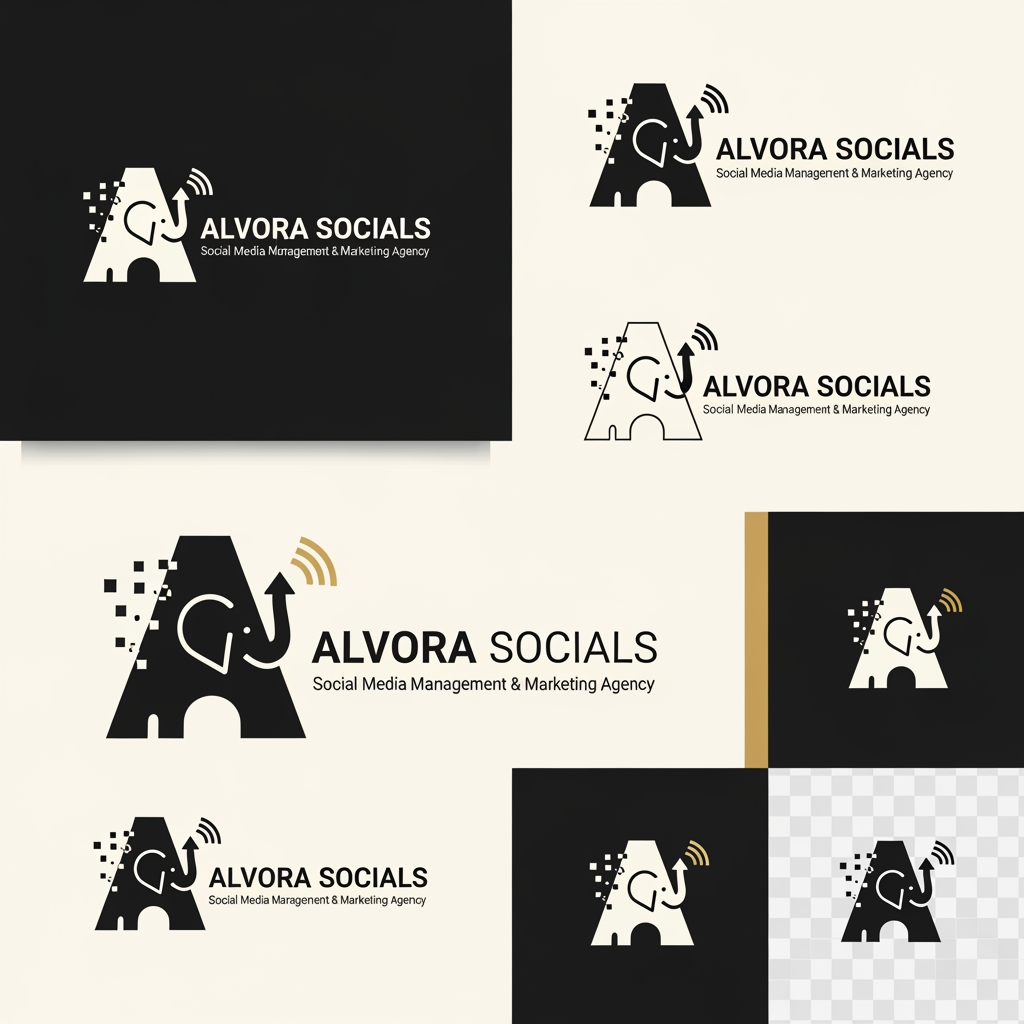 AI Design for Prompt:
Design a premium, minimalist, and highly memorable logo for a modern social media management and digital marketing agency named "Alvora Socials". The logo should feature a cleverly hidden elephant integrated into the design using negative space or geometric abstraction rather than a literal elephant illustration. The hidden elephant should symbolize intelligence, strength, memory, trust, strategy, long-term growth, leadership, and powerful brand presence.
The logo should creatively represent the agency's services, including:
Social Media Management
Digital Marketing
Content Creation
Branding
Creative Strategy
Performance Marketing
Growth & Analytics
Incorporate subtle visual elements that blend naturally with the hidden elephant, such as:
Chat/message bubble
Upward growth arrow
Digital pixels
Play button
Connection nodes
Hashtag
Abstract "A" for Alvora
Circular brand ecosystem
Signal waves
Typography:
Agency Name: ALVORA SOCIALS
Tagline: Social Media Management & Marketing Agency
Use a custom modern sans-serif font.
Elegant spacing with premium typography.
Strong yet approachable branding.
Style:
Minimal
Flat vector
Scandinavian-inspired simplicity
Geometric precision
Luxury startup branding
Clever negative space
Timeless identity
No gradients
No clipart
No mascot style
Clean monoline or bold geometric construction
Color Palette:
Matte Black (#111111)
Off White (#F8F8F6)
Warm Ivory (#F5F3EF)
Soft Charcoal (#333333)
Optional accent: Muted Gold (#C7A86B) or Sage Green (#6F8A73)
Minimal colors only (2–3 colors maximum)
Logo Requirements:
Instantly recognizable
Works in monochrome
Scalable from favicon to billboard
Suitable for Instagram profile picture, website, business cards, merchandise, and app icon
Strong visual balance and perfect symmetry
Premium startup aesthetic
High-end branding similar to global creative agencies
Hidden elephant should be discovered after a second look, creating a memorable "aha" moment
Deliverables:
Primary logo
Icon-only version
Horizontal logo
Vertical logo
Black version
White version
Transparent background
SVG-style vector appearance
Brand presentation mockup on dark and light backgrounds
Overall feeling: sophisticated, intelligent, innovative, creative, trustworthy, modern, strategic, premium, and globally recognizable.
Creative Concept
A strong concept would be to make the letter "A" in Alvora the primary logo mark, with the negative space subtly forming an elephant's head and trunk. The trunk can curve into a growth arrow or chat bubble, symbolizing marketing growth and social communication. This creates a distinctive identity that's minimal, meaningful, and memorable without relying on an obvious animal illustration.