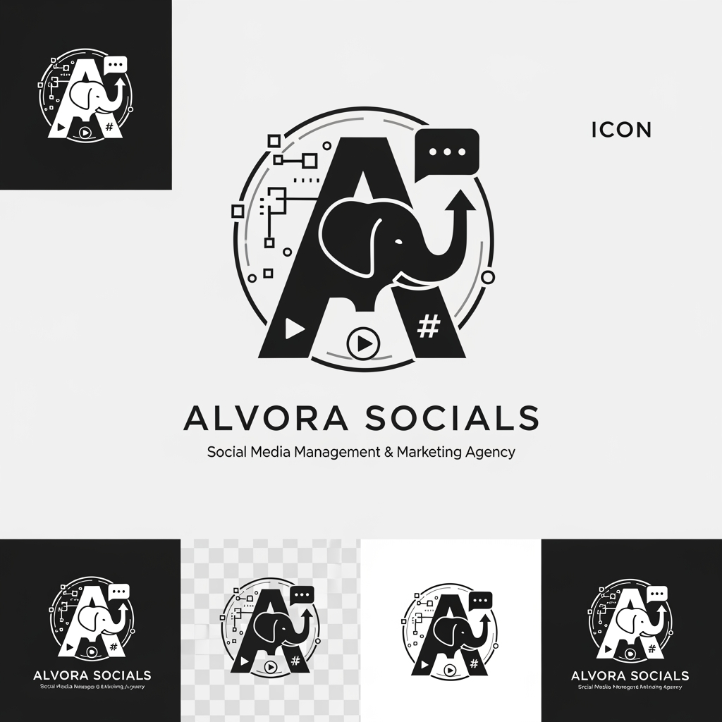 AI Design for Prompt:
Design a premium, minimalist, and highly memorable logo for a modern social media management and digital marketing agency named "Alvora Socials". The logo should feature a cleverly hidden elephant integrated into the design using negative space or geometric abstraction rather than a literal elephant illustration. The hidden elephant should symbolize intelligence, strength, memory, trust, strategy, long-term growth, leadership, and powerful brand presence.
The logo should creatively represent the agency's services, including:
Social Media Management
Digital Marketing
Content Creation
Branding
Creative Strategy
Performance Marketing
Growth & Analytics
Incorporate subtle visual elements that blend naturally with the hidden elephant, such as:
Chat/message bubble
Upward growth arrow
Digital pixels
Play button
Connection nodes
Hashtag
Abstract "A" for Alvora
Circular brand ecosystem
Signal waves
Typography:
Agency Name: ALVORA SOCIALS
Tagline: Social Media Management & Marketing Agency
Use a custom modern sans-serif font.
Elegant spacing with premium typography.
Strong yet approachable branding.
Style:
Minimal
Flat vector
Scandinavian-inspired simplicity
Geometric precision
Luxury startup branding
Clever negative space
Timeless identity
No gradients
No clipart
No mascot style
Clean monoline or bold geometric construction
Color Palette:
Matte Black (#111111)
Off White (#F8F8F6)
Warm Ivory (#F5F3EF)
Soft Charcoal (#333333)
Optional accent: Muted Gold (#C7A86B) or Sage Green (#6F8A73)
Minimal colors only (2–3 colors maximum)
Logo Requirements:
Instantly recognizable
Works in monochrome
Scalable from favicon to billboard
Suitable for Instagram profile picture, website, business cards, merchandise, and app icon
Strong visual balance and perfect symmetry
Premium startup aesthetic
High-end branding similar to global creative agencies
Hidden elephant should be discovered after a second look, creating a memorable "aha" moment
Deliverables:
Primary logo
Icon-only version
Horizontal logo
Vertical logo
Black version
White version
Transparent background
SVG-style vector appearance
Brand presentation mockup on dark and light backgrounds
Overall feeling: sophisticated, intelligent, innovative, creative, trustworthy, modern, strategic, premium, and globally recognizable.
Creative Concept
A strong concept would be to make the letter "A" in Alvora the primary logo mark, with the negative space subtly forming an elephant's head and trunk. The trunk can curve into a growth arrow or chat bubble, symbolizing marketing growth and social communication. This creates a distinctive identity that's minimal, meaningful, and memorable without relying on an obvious animal illustration.