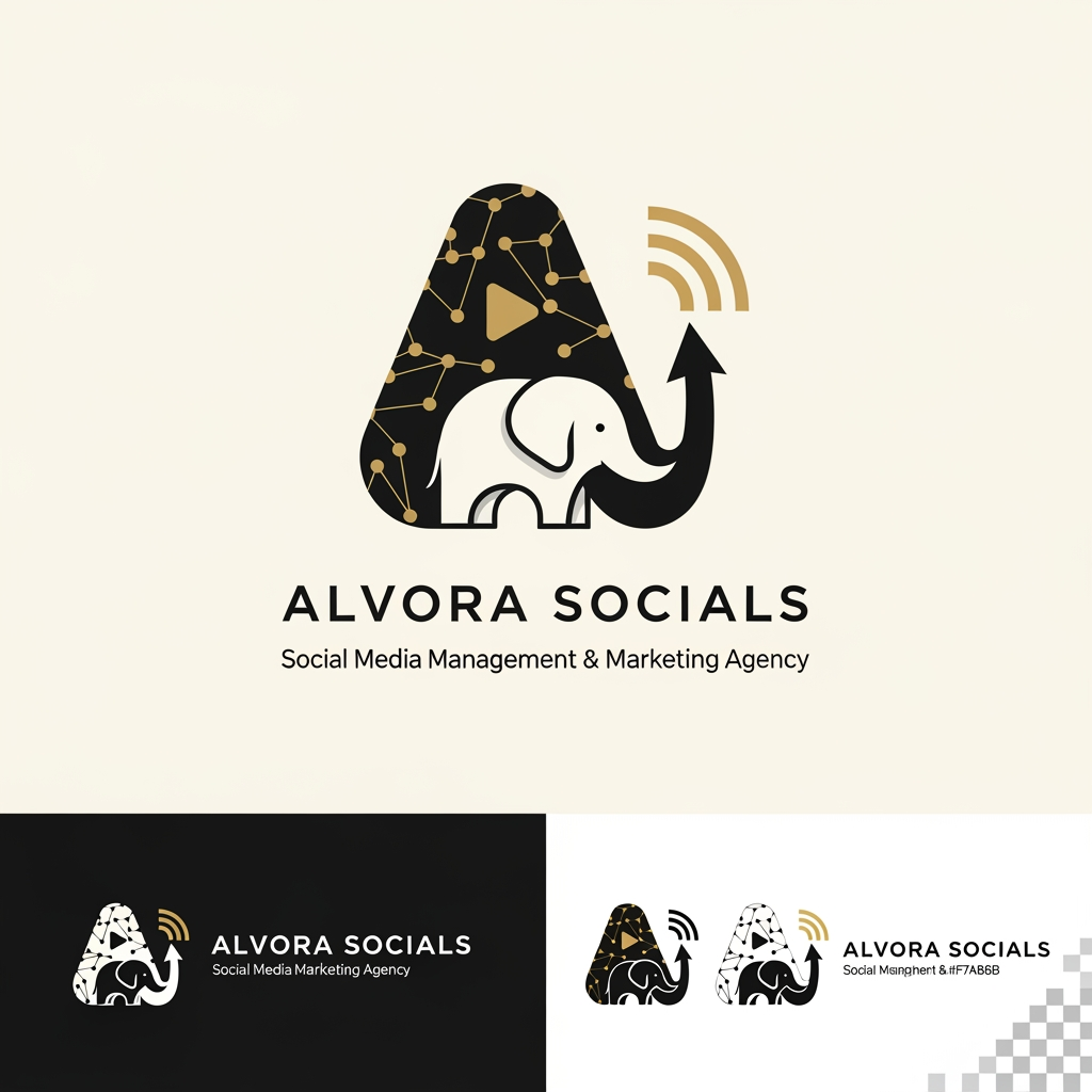 AI Design for Prompt:
Design a premium, minimalist, and highly memorable logo for a modern social media management and digital marketing agency named "Alvora Socials". The logo should feature a cleverly hidden elephant integrated into the design using negative space or geometric abstraction rather than a literal elephant illustration. The hidden elephant should symbolize intelligence, strength, memory, trust, strategy, long-term growth, leadership, and powerful brand presence.
The logo should creatively represent the agency's services, including:
Social Media Management
Digital Marketing
Content Creation
Branding
Creative Strategy
Performance Marketing
Growth & Analytics
Incorporate subtle visual elements that blend naturally with the hidden elephant, such as:
Chat/message bubble
Upward growth arrow
Digital pixels
Play button
Connection nodes
Hashtag
Abstract "A" for Alvora
Circular brand ecosystem
Signal waves
Typography:
Agency Name: ALVORA SOCIALS
Tagline: Social Media Management & Marketing Agency
Use a custom modern sans-serif font.
Elegant spacing with premium typography.
Strong yet approachable branding.
Style:
Minimal
Flat vector
Scandinavian-inspired simplicity
Geometric precision
Luxury startup branding
Clever negative space
Timeless identity
No gradients
No clipart
No mascot style
Clean monoline or bold geometric construction
Color Palette:
Matte Black (#111111)
Off White (#F8F8F6)
Warm Ivory (#F5F3EF)
Soft Charcoal (#333333)
Optional accent: Muted Gold (#C7A86B) or Sage Green (#6F8A73)
Minimal colors only (2–3 colors maximum)
Logo Requirements:
Instantly recognizable
Works in monochrome
Scalable from favicon to billboard
Suitable for Instagram profile picture, website, business cards, merchandise, and app icon
Strong visual balance and perfect symmetry
Premium startup aesthetic
High-end branding similar to global creative agencies
Hidden elephant should be discovered after a second look, creating a memorable "aha" moment
Deliverables:
Primary logo
Icon-only version
Horizontal logo
Vertical logo
Black version
White version
Transparent background
SVG-style vector appearance
Brand presentation mockup on dark and light backgrounds
Overall feeling: sophisticated, intelligent, innovative, creative, trustworthy, modern, strategic, premium, and globally recognizable.
Creative Concept
A strong concept would be to make the letter "A" in Alvora the primary logo mark, with the negative space subtly forming an elephant's head and trunk. The trunk can curve into a growth arrow or chat bubble, symbolizing marketing growth and social communication. This creates a distinctive identity that's minimal, meaningful, and memorable without relying on an obvious animal illustration.