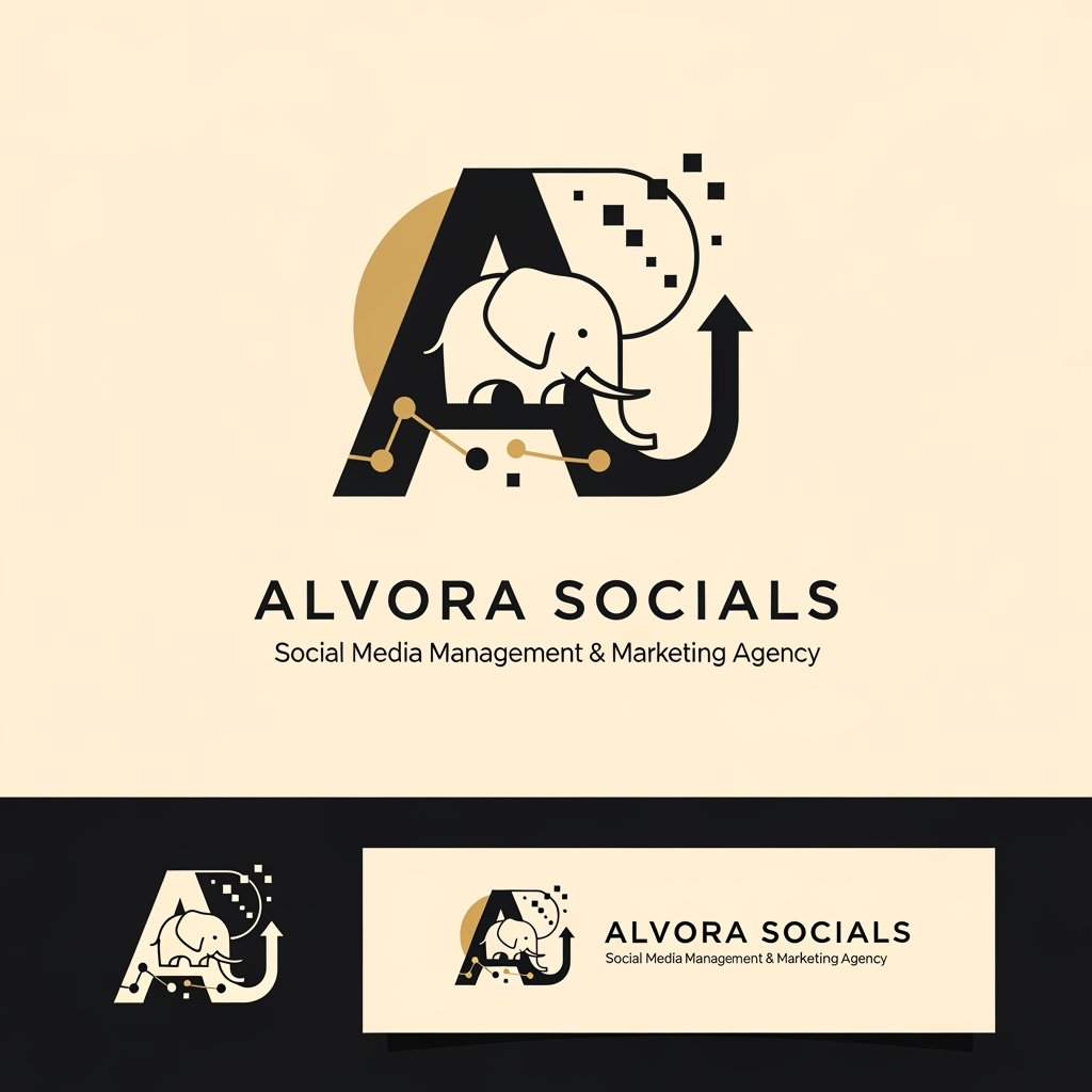 AI Design for Prompt:
Design a premium, minimalist, and highly memorable logo for a modern social media management and digital marketing agency named "Alvora Socials". The logo should feature a cleverly hidden elephant integrated into the design using negative space or geometric abstraction rather than a literal elephant illustration. The hidden elephant should symbolize intelligence, strength, memory, trust, strategy, long-term growth, leadership, and powerful brand presence.
The logo should creatively represent the agency's services, including:
Social Media Management
Digital Marketing
Content Creation
Branding
Creative Strategy
Performance Marketing
Growth & Analytics
Incorporate subtle visual elements that blend naturally with the hidden elephant, such as:
Chat/message bubble
Upward growth arrow
Digital pixels
Play button
Connection nodes
Hashtag
Abstract "A" for Alvora
Circular brand ecosystem
Signal waves
Typography:
Agency Name: ALVORA SOCIALS
Tagline: Social Media Management & Marketing Agency
Use a custom modern sans-serif font.
Elegant spacing with premium typography.
Strong yet approachable branding.
Style:
Minimal
Flat vector
Scandinavian-inspired simplicity
Geometric precision
Luxury startup branding
Clever negative space
Timeless identity
No gradients
No clipart
No mascot style
Clean monoline or bold geometric construction
Color Palette:
Matte Black (#111111)
Off White (#F8F8F6)
Warm Ivory (#F5F3EF)
Soft Charcoal (#333333)
Optional accent: Muted Gold (#C7A86B) or Sage Green (#6F8A73)
Minimal colors only (2–3 colors maximum)
Logo Requirements:
Instantly recognizable
Works in monochrome
Scalable from favicon to billboard
Suitable for Instagram profile picture, website, business cards, merchandise, and app icon
Strong visual balance and perfect symmetry
Premium startup aesthetic
High-end branding similar to global creative agencies
Hidden elephant should be discovered after a second look, creating a memorable "aha" moment
Deliverables:
Primary logo
Icon-only version
Horizontal logo
Vertical logo
Black version
White version
Transparent background
SVG-style vector appearance
Brand presentation mockup on dark and light backgrounds
Overall feeling: sophisticated, intelligent, innovative, creative, trustworthy, modern, strategic, premium, and globally recognizable.
Creative Concept
A strong concept would be to make the letter "A" in Alvora the primary logo mark, with the negative space subtly forming an elephant's head and trunk. The trunk can curve into a growth arrow or chat bubble, symbolizing marketing growth and social communication. This creates a distinctive identity that's minimal, meaningful, and memorable without relying on an obvious animal illustration.