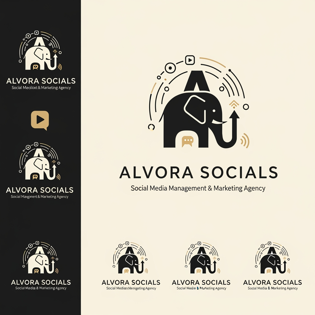 AI Design for Prompt:
Design a premium, minimalist, and highly memorable logo for a modern social media management and digital marketing agency named "Alvora Socials". The logo should feature a cleverly hidden elephant integrated into the design using negative space or geometric abstraction rather than a literal elephant illustration. The hidden elephant should symbolize intelligence, strength, memory, trust, strategy, long-term growth, leadership, and powerful brand presence.
The logo should creatively represent the agency's services, including:
Social Media Management
Digital Marketing
Content Creation
Branding
Creative Strategy
Performance Marketing
Growth & Analytics
Incorporate subtle visual elements that blend naturally with the hidden elephant, such as:
Chat/message bubble
Upward growth arrow
Digital pixels
Play button
Connection nodes
Hashtag
Abstract "A" for Alvora
Circular brand ecosystem
Signal waves
Typography:
Agency Name: ALVORA SOCIALS
Tagline: Social Media Management & Marketing Agency
Use a custom modern sans-serif font.
Elegant spacing with premium typography.
Strong yet approachable branding.
Style:
Minimal
Flat vector
Scandinavian-inspired simplicity
Geometric precision
Luxury startup branding
Clever negative space
Timeless identity
No gradients
No clipart
No mascot style
Clean monoline or bold geometric construction
Color Palette:
Matte Black (#111111)
Off White (#F8F8F6)
Warm Ivory (#F5F3EF)
Soft Charcoal (#333333)
Optional accent: Muted Gold (#C7A86B) or Sage Green (#6F8A73)
Minimal colors only (2–3 colors maximum)
Logo Requirements:
Instantly recognizable
Works in monochrome
Scalable from favicon to billboard
Suitable for Instagram profile picture, website, business cards, merchandise, and app icon
Strong visual balance and perfect symmetry
Premium startup aesthetic
High-end branding similar to global creative agencies
Hidden elephant should be discovered after a second look, creating a memorable "aha" moment
Deliverables:
Primary logo
Icon-only version
Horizontal logo
Vertical logo
Black version
White version
Transparent background
SVG-style vector appearance
Brand presentation mockup on dark and light backgrounds
Overall feeling: sophisticated, intelligent, innovative, creative, trustworthy, modern, strategic, premium, and globally recognizable.
Creative Concept
A strong concept would be to make the letter "A" in Alvora the primary logo mark, with the negative space subtly forming an elephant's head and trunk. The trunk can curve into a growth arrow or chat bubble, symbolizing marketing growth and social communication. This creates a distinctive identity that's minimal, meaningful, and memorable without relying on an obvious animal illustration.