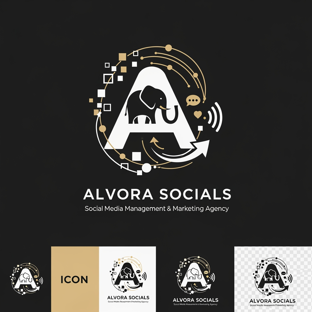 AI Design for Prompt:
Design a premium, minimalist, and highly memorable logo for a modern social media management and digital marketing agency named "Alvora Socials". The logo should feature a cleverly hidden elephant integrated into the design using negative space or geometric abstraction rather than a literal elephant illustration. The hidden elephant should symbolize intelligence, strength, memory, trust, strategy, long-term growth, leadership, and powerful brand presence.
The logo should creatively represent the agency's services, including:
Social Media Management
Digital Marketing
Content Creation
Branding
Creative Strategy
Performance Marketing
Growth & Analytics
Incorporate subtle visual elements that blend naturally with the hidden elephant, such as:
Chat/message bubble
Upward growth arrow
Digital pixels
Play button
Connection nodes
Hashtag
Abstract "A" for Alvora
Circular brand ecosystem
Signal waves
Typography:
Agency Name: ALVORA SOCIALS
Tagline: Social Media Management & Marketing Agency
Use a custom modern sans-serif font.
Elegant spacing with premium typography.
Strong yet approachable branding.
Style:
Minimal
Flat vector
Scandinavian-inspired simplicity
Geometric precision
Luxury startup branding
Clever negative space
Timeless identity
No gradients
No clipart
No mascot style
Clean monoline or bold geometric construction
Color Palette:
Matte Black (#111111)
Off White (#F8F8F6)
Warm Ivory (#F5F3EF)
Soft Charcoal (#333333)
Optional accent: Muted Gold (#C7A86B) or Sage Green (#6F8A73)
Minimal colors only (2–3 colors maximum)
Logo Requirements:
Instantly recognizable
Works in monochrome
Scalable from favicon to billboard
Suitable for Instagram profile picture, website, business cards, merchandise, and app icon
Strong visual balance and perfect symmetry
Premium startup aesthetic
High-end branding similar to global creative agencies
Hidden elephant should be discovered after a second look, creating a memorable "aha" moment
Deliverables:
Primary logo
Icon-only version
Horizontal logo
Vertical logo
Black version
White version
Transparent background
SVG-style vector appearance
Brand presentation mockup on dark and light backgrounds
Overall feeling: sophisticated, intelligent, innovative, creative, trustworthy, modern, strategic, premium, and globally recognizable.
Creative Concept
A strong concept would be to make the letter "A" in Alvora the primary logo mark, with the negative space subtly forming an elephant's head and trunk. The trunk can curve into a growth arrow or chat bubble, symbolizing marketing growth and social communication. This creates a distinctive identity that's minimal, meaningful, and memorable without relying on an obvious animal illustration.