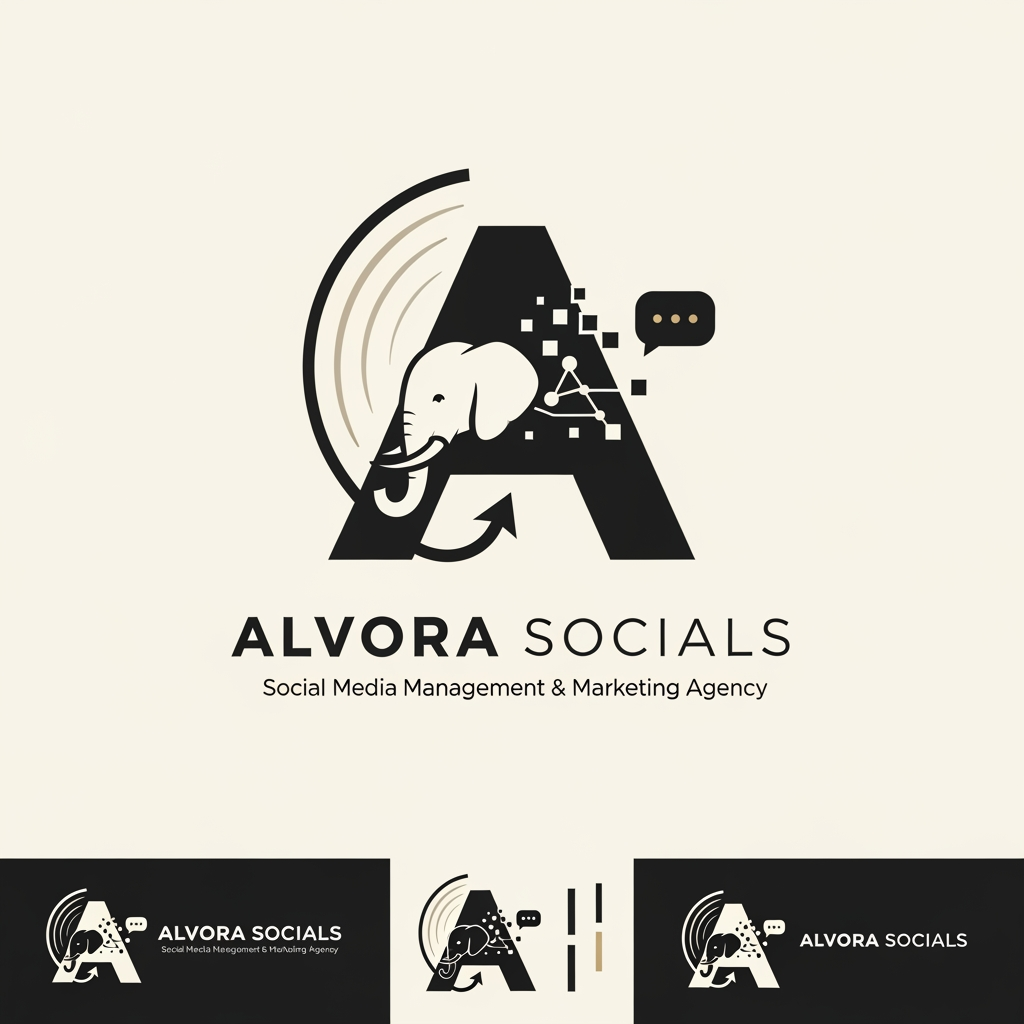 AI Design for Prompt:
Design a premium, minimalist, and highly memorable logo for a modern social media management and digital marketing agency named "Alvora Socials". The logo should feature a cleverly hidden elephant integrated into the design using negative space or geometric abstraction rather than a literal elephant illustration. The hidden elephant should symbolize intelligence, strength, memory, trust, strategy, long-term growth, leadership, and powerful brand presence.
The logo should creatively represent the agency's services, including:
Social Media Management
Digital Marketing
Content Creation
Branding
Creative Strategy
Performance Marketing
Growth & Analytics
Incorporate subtle visual elements that blend naturally with the hidden elephant, such as:
Chat/message bubble
Upward growth arrow
Digital pixels
Play button
Connection nodes
Hashtag
Abstract "A" for Alvora
Circular brand ecosystem
Signal waves
Typography:
Agency Name: ALVORA SOCIALS
Tagline: Social Media Management & Marketing Agency
Use a custom modern sans-serif font.
Elegant spacing with premium typography.
Strong yet approachable branding.
Style:
Minimal
Flat vector
Scandinavian-inspired simplicity
Geometric precision
Luxury startup branding
Clever negative space
Timeless identity
No gradients
No clipart
No mascot style
Clean monoline or bold geometric construction
Color Palette:
Matte Black (#111111)
Off White (#F8F8F6)
Warm Ivory (#F5F3EF)
Soft Charcoal (#333333)
Optional accent: Muted Gold (#C7A86B) or Sage Green (#6F8A73)
Minimal colors only (2–3 colors maximum)
Logo Requirements:
Instantly recognizable
Works in monochrome
Scalable from favicon to billboard
Suitable for Instagram profile picture, website, business cards, merchandise, and app icon
Strong visual balance and perfect symmetry
Premium startup aesthetic
High-end branding similar to global creative agencies
Hidden elephant should be discovered after a second look, creating a memorable "aha" moment
Deliverables:
Primary logo
Icon-only version
Horizontal logo
Vertical logo
Black version
White version
Transparent background
SVG-style vector appearance
Brand presentation mockup on dark and light backgrounds
Overall feeling: sophisticated, intelligent, innovative, creative, trustworthy, modern, strategic, premium, and globally recognizable.
Creative Concept
A strong concept would be to make the letter "A" in Alvora the primary logo mark, with the negative space subtly forming an elephant's head and trunk. The trunk can curve into a growth arrow or chat bubble, symbolizing marketing growth and social communication. This creates a distinctive identity that's minimal, meaningful, and memorable without relying on an obvious animal illustration.
