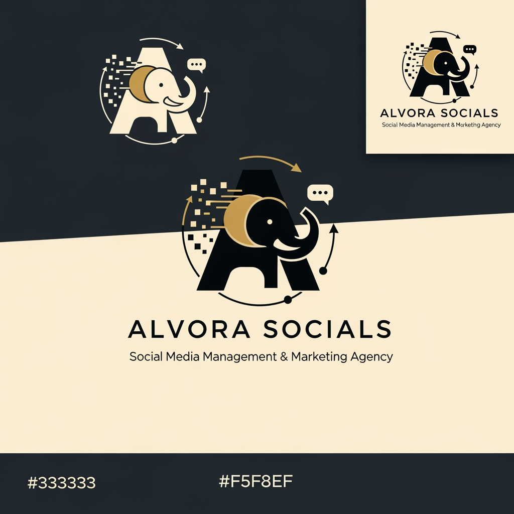 AI Design for Prompt:
Design a premium, minimalist, and highly memorable logo for a modern social media management and digital marketing agency named "Alvora Socials". The logo should feature a cleverly hidden elephant integrated into the design using negative space or geometric abstraction rather than a literal elephant illustration. The hidden elephant should symbolize intelligence, strength, memory, trust, strategy, long-term growth, leadership, and powerful brand presence.
The logo should creatively represent the agency's services, including:
Social Media Management
Digital Marketing
Content Creation
Branding
Creative Strategy
Performance Marketing
Growth & Analytics
Incorporate subtle visual elements that blend naturally with the hidden elephant, such as:
Chat/message bubble
Upward growth arrow
Digital pixels
Play button
Connection nodes
Hashtag
Abstract "A" for Alvora
Circular brand ecosystem
Signal waves
Typography:
Agency Name: ALVORA SOCIALS
Tagline: Social Media Management & Marketing Agency
Use a custom modern sans-serif font.
Elegant spacing with premium typography.
Strong yet approachable branding.
Style:
Minimal
Flat vector
Scandinavian-inspired simplicity
Geometric precision
Luxury startup branding
Clever negative space
Timeless identity
No gradients
No clipart
No mascot style
Clean monoline or bold geometric construction
Color Palette:
Matte Black (#111111)
Off White (#F8F8F6)
Warm Ivory (#F5F3EF)
Soft Charcoal (#333333)
Optional accent: Muted Gold (#C7A86B) or Sage Green (#6F8A73)
Minimal colors only (2–3 colors maximum)
Logo Requirements:
Instantly recognizable
Works in monochrome
Scalable from favicon to billboard
Suitable for Instagram profile picture, website, business cards, merchandise, and app icon
Strong visual balance and perfect symmetry
Premium startup aesthetic
High-end branding similar to global creative agencies
Hidden elephant should be discovered after a second look, creating a memorable "aha" moment
Deliverables:
Primary logo
Icon-only version
Horizontal logo
Vertical logo
Black version
White version
Transparent background
SVG-style vector appearance
Brand presentation mockup on dark and light backgrounds
Overall feeling: sophisticated, intelligent, innovative, creative, trustworthy, modern, strategic, premium, and globally recognizable.
Creative Concept
A strong concept would be to make the letter "A" in Alvora the primary logo mark, with the negative space subtly forming an elephant's head and trunk. The trunk can curve into a growth arrow or chat bubble, symbolizing marketing growth and social communication. This creates a distinctive identity that's minimal, meaningful, and memorable without relying on an obvious animal illustration.