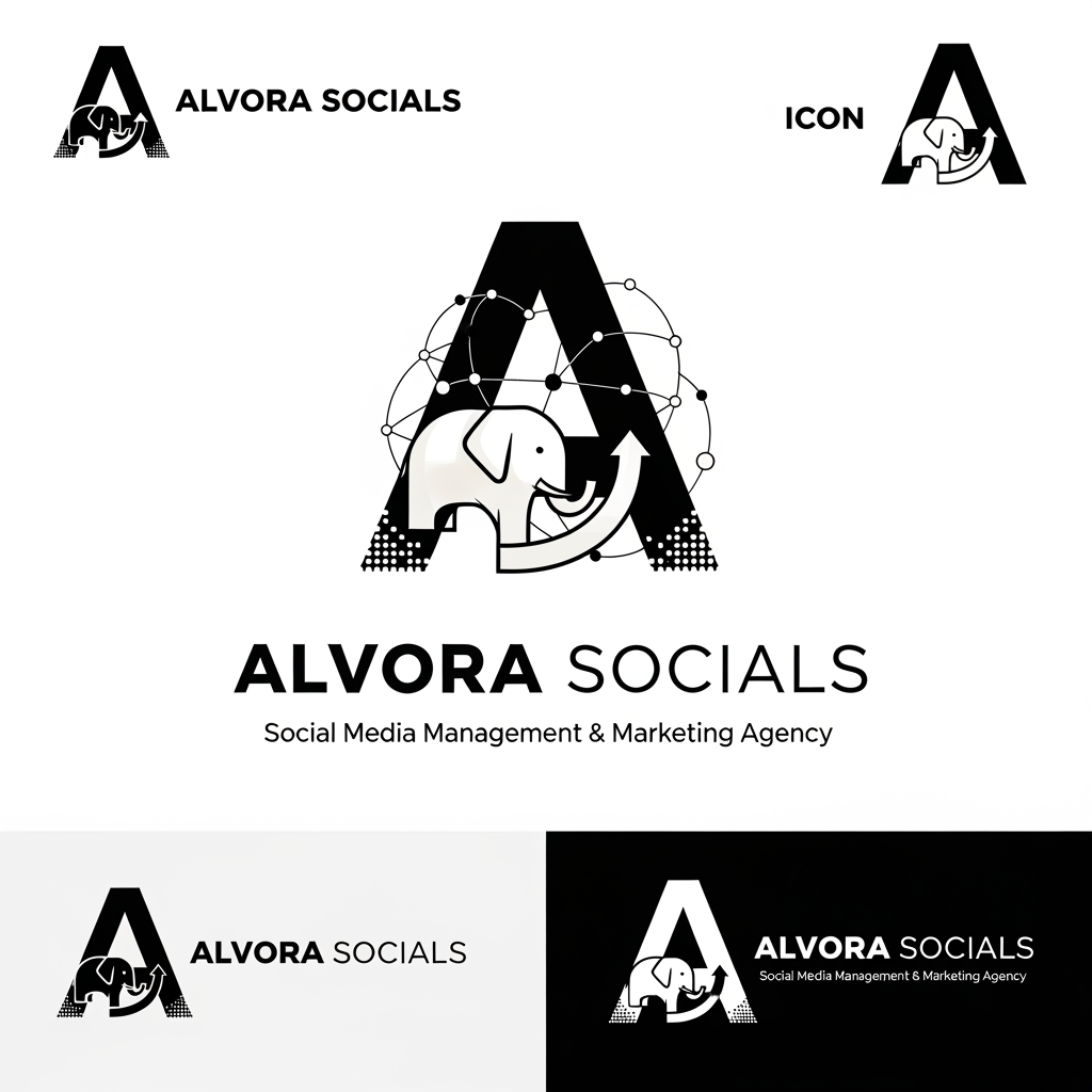 AI Design for Prompt:
Design a premium, minimalist, and highly memorable logo for a modern social media management and digital marketing agency named "Alvora Socials". The logo should feature a cleverly hidden elephant integrated into the design using negative space or geometric abstraction rather than a literal elephant illustration. The hidden elephant should symbolize intelligence, strength, memory, trust, strategy, long-term growth, leadership, and powerful brand presence.
The logo should creatively represent the agency's services, including:
Social Media Management
Digital Marketing
Content Creation
Branding
Creative Strategy
Performance Marketing
Growth & Analytics
Incorporate subtle visual elements that blend naturally with the hidden elephant, such as:
Chat/message bubble
Upward growth arrow
Digital pixels
Play button
Connection nodes
Hashtag
Abstract "A" for Alvora
Circular brand ecosystem
Signal waves
Typography:
Agency Name: ALVORA SOCIALS
Tagline: Social Media Management & Marketing Agency
Use a custom modern sans-serif font.
Elegant spacing with premium typography.
Strong yet approachable branding.
Style:
Minimal
Flat vector
Scandinavian-inspired simplicity
Geometric precision
Luxury startup branding
Clever negative space
Timeless identity
No gradients
No clipart
No mascot style
Clean monoline or bold geometric construction
Color Palette:
Matte Black (#111111)
Off White (#F8F8F6)
Warm Ivory (#F5F3EF)
Soft Charcoal (#333333)
Optional accent: Muted Gold (#C7A86B) or Sage Green (#6F8A73)
Minimal colors only (2–3 colors maximum)
Logo Requirements:
Instantly recognizable
Works in monochrome
Scalable from favicon to billboard
Suitable for Instagram profile picture, website, business cards, merchandise, and app icon
Strong visual balance and perfect symmetry
Premium startup aesthetic
High-end branding similar to global creative agencies
Hidden elephant should be discovered after a second look, creating a memorable "aha" moment
Deliverables:
Primary logo
Icon-only version
Horizontal logo
Vertical logo
Black version
White version
Transparent background
SVG-style vector appearance
Brand presentation mockup on dark and light backgrounds
Overall feeling: sophisticated, intelligent, innovative, creative, trustworthy, modern, strategic, premium, and globally recognizable.
Creative Concept
A strong concept would be to make the letter "A" in Alvora the primary logo mark, with the negative space subtly forming an elephant's head and trunk. The trunk can curve into a growth arrow or chat bubble, symbolizing marketing growth and social communication. This creates a distinctive identity that's minimal, meaningful, and memorable without relying on an obvious animal illustration.