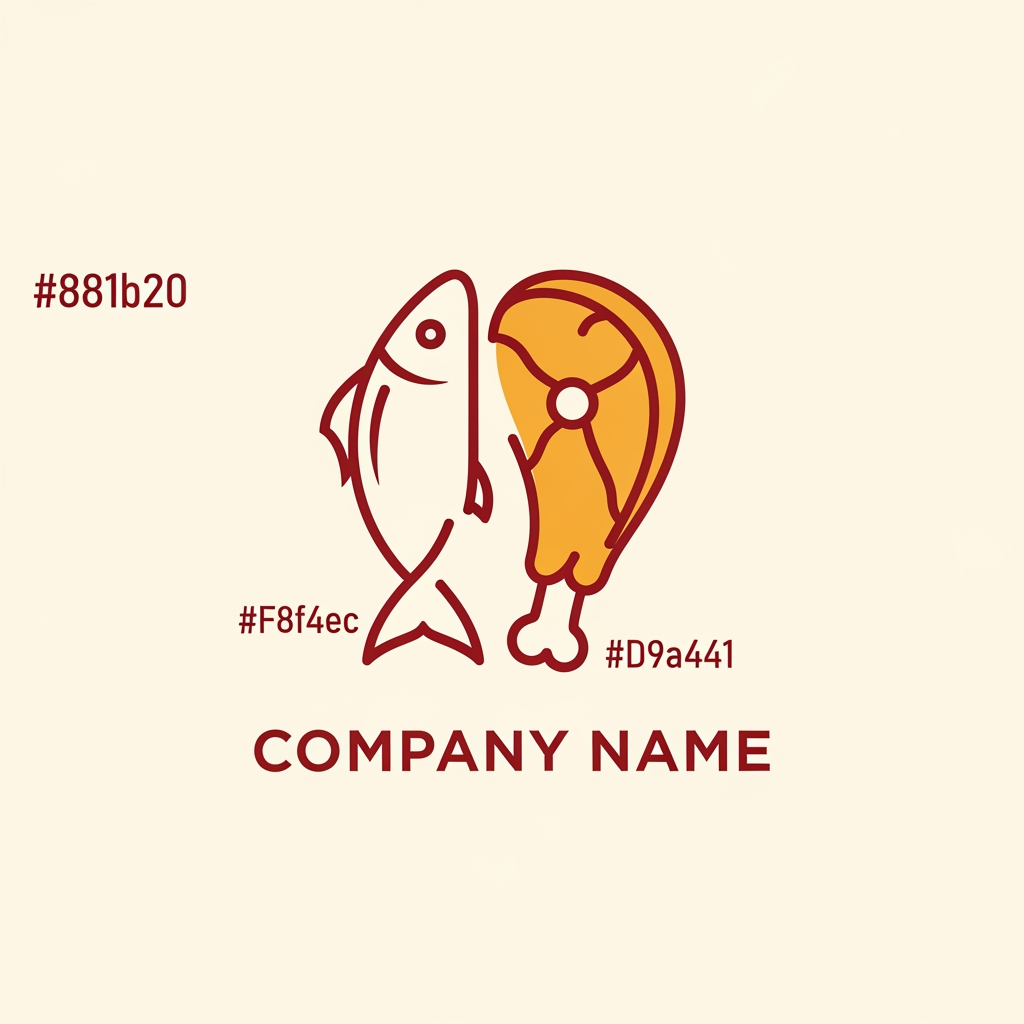 AI Design for i want to create a logo for a company that does fish packaging and also is expanding on packaged fried meat products. the colour palette is 881b20
F8f4ec
D9a441. The design should be universal, minimalist, premium and also understandable