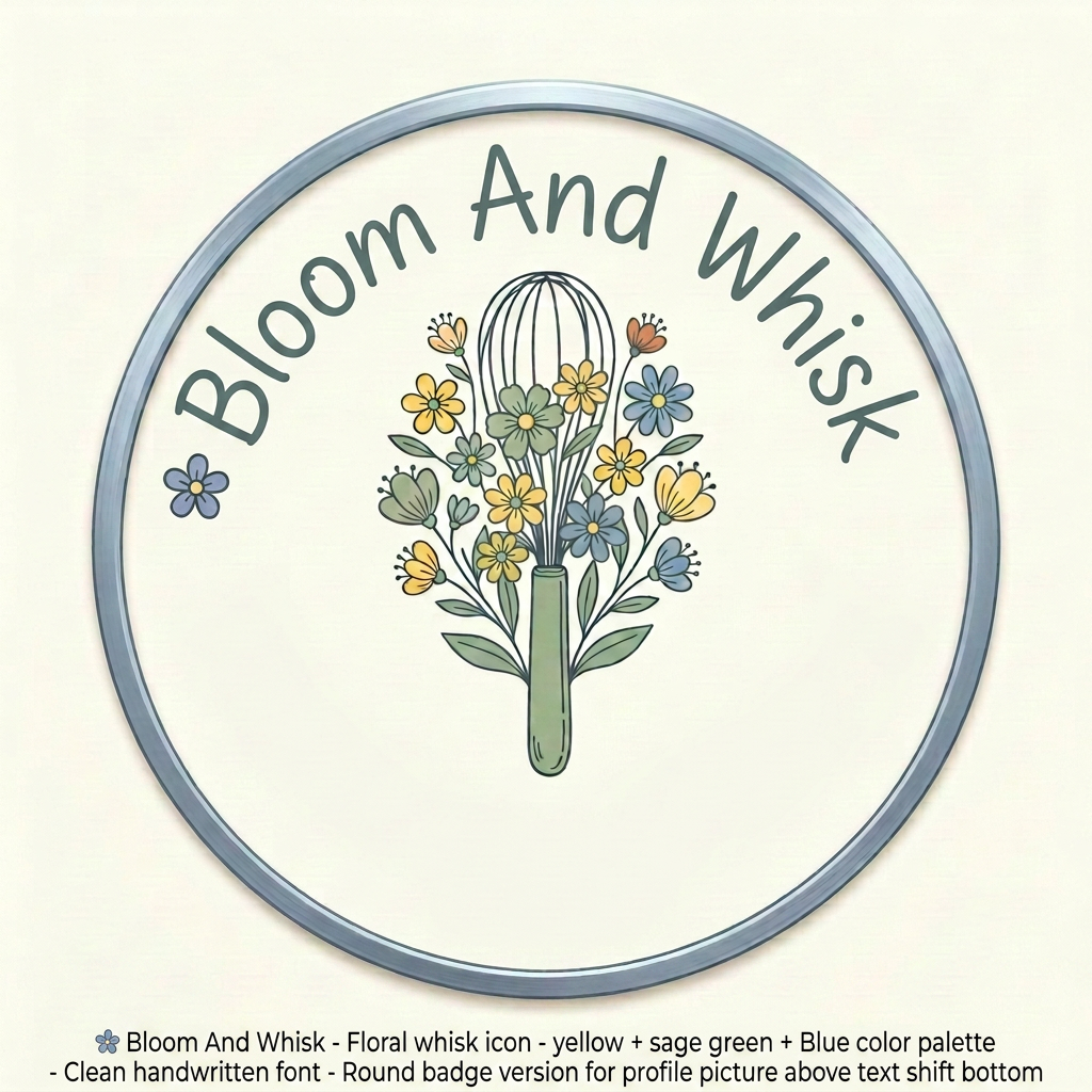 AI Design for 🌸 Bloom And Whisk
Floral whisk icon
yellow + sage green +Blue color palette
Clean handwritten font
Round badge version for profile picture above text shift bottom