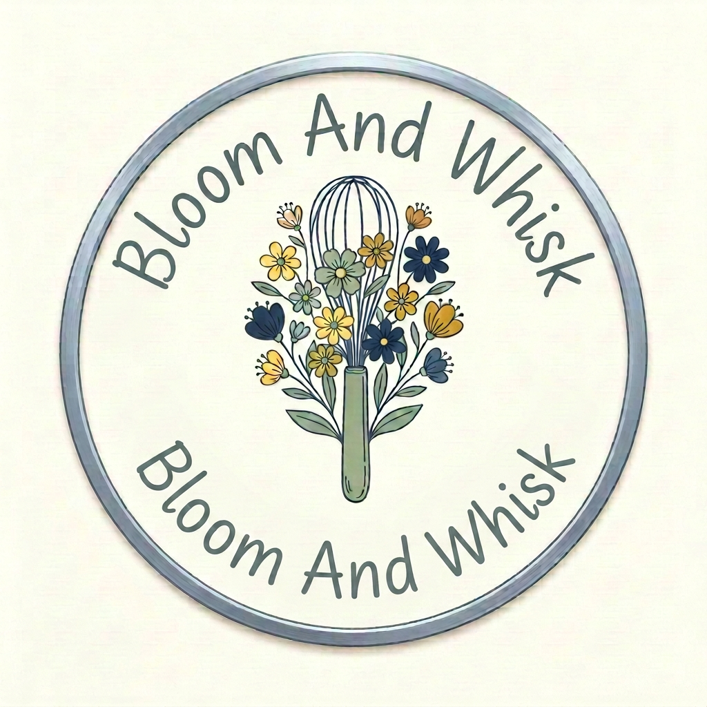AI Design for 🌸 Bloom And Whisk
Floral whisk icon
yellow + sage green + dark Blue color palette
Clean handwritten font
Round badge version for profile picture remove whisk above text bloom and whisk