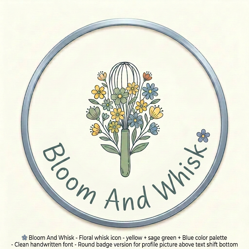 AI Design for 🌸 Bloom And Whisk
Floral whisk icon
yellow + sage green +Blue color palette
Clean handwritten font
Round badge version for profile picture above text(blossom and whisk) shift bottom