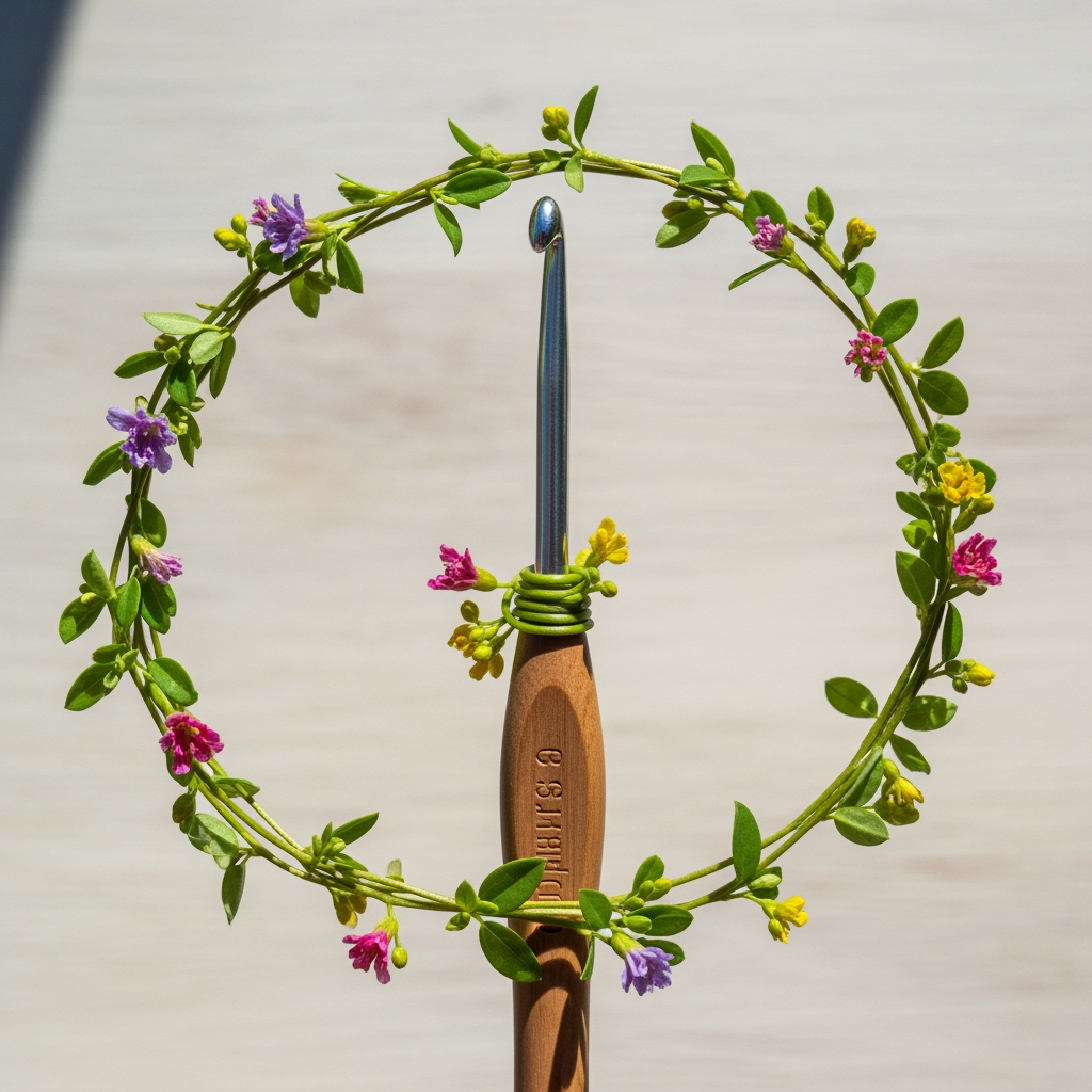 AI Design for 🧵 A vine forming a circle around:
A crochet hook or crafting needle
Small leaves and flowers
Best for: Craft tutorials and handmade products