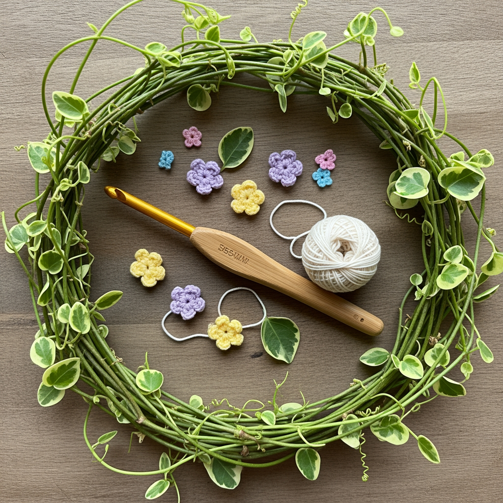 AI Design for 🧵 A vine forming a circle around:
A crochet hook or crafting needle
Small leaves and flowers
Best for: Craft tutorials and handmade products