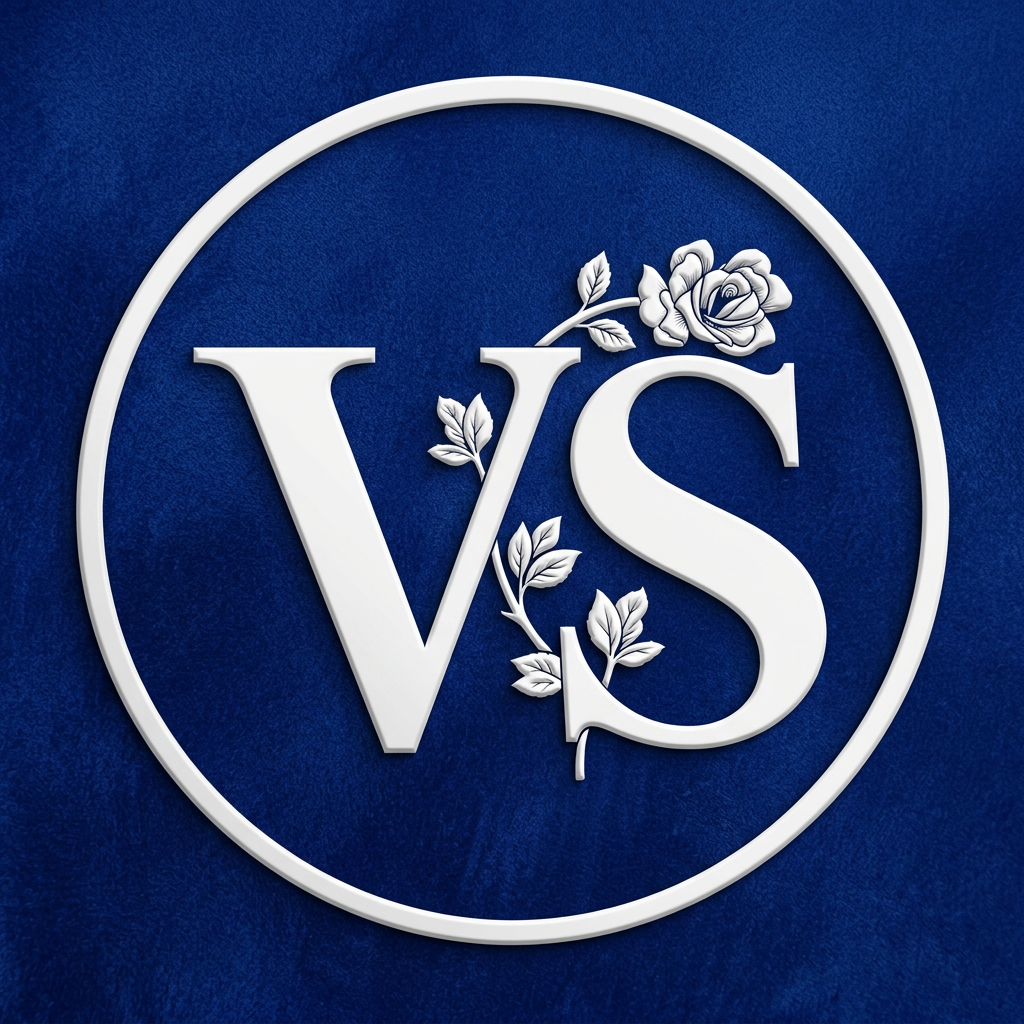 AI Design for A royal blue background instead of black.
The "VS" letters in white instead of gold.
The gold circular border in white colour.
The gold rose decorations keep in white colour.
A clean, high-quality, luxury finish. and also remove the home applicance add the school
remove in the name EST