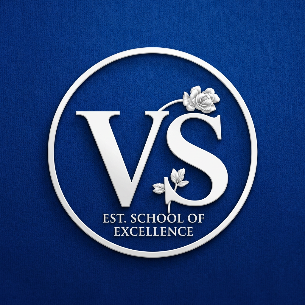 AI Design for A royal blue background instead of black.
The "VS" letters in white instead of gold.
The gold circular border in white colour.
The gold rose decorations keep in white colour.
A clean, high-quality, luxury finish. and also remove the home applicance add the school