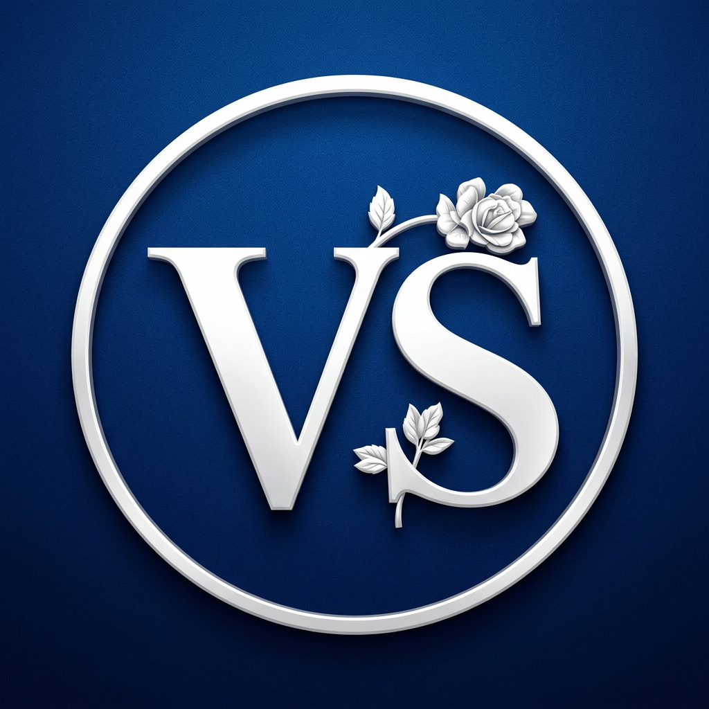 AI Design for A royal blue background instead of black.
The "VS" letters in white instead of gold.
The gold circular border in white colour.
The gold rose decorations keep in white colour.
A clean, high-quality, luxury finish. and also remove the home applicance add the school
remove in the name EST
remove only EST in the circle
