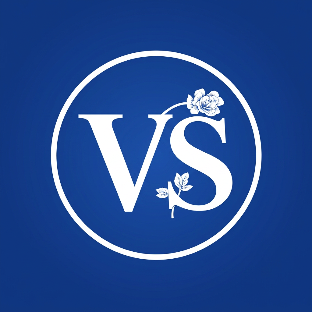 AI Design for A royal blue background instead of black.
The "VS" letters in white instead of gold.
The gold circular border in white colour.
The gold rose decorations keep in white colour.
A clean, high-quality, luxury finish. and also remove the home applicance